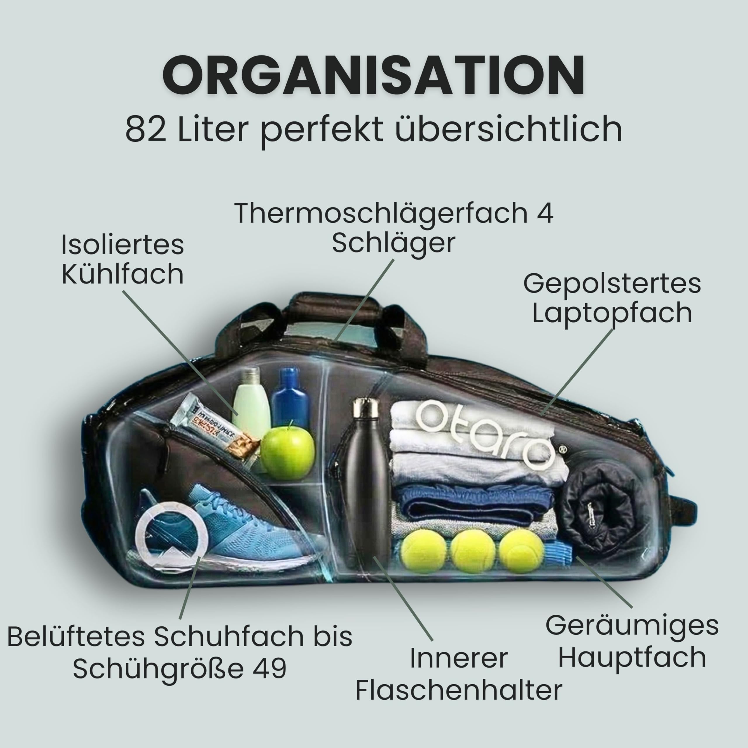 Otaro Tennistasche 82L | Tennisschläger Tasche für 4 Schläger mit Thermofach, Schuhfach & Kühlfach | 3-in-1 Tragesystem | Laptopfach & viele Fächer | Wasserabweisende Tennis Tasche
