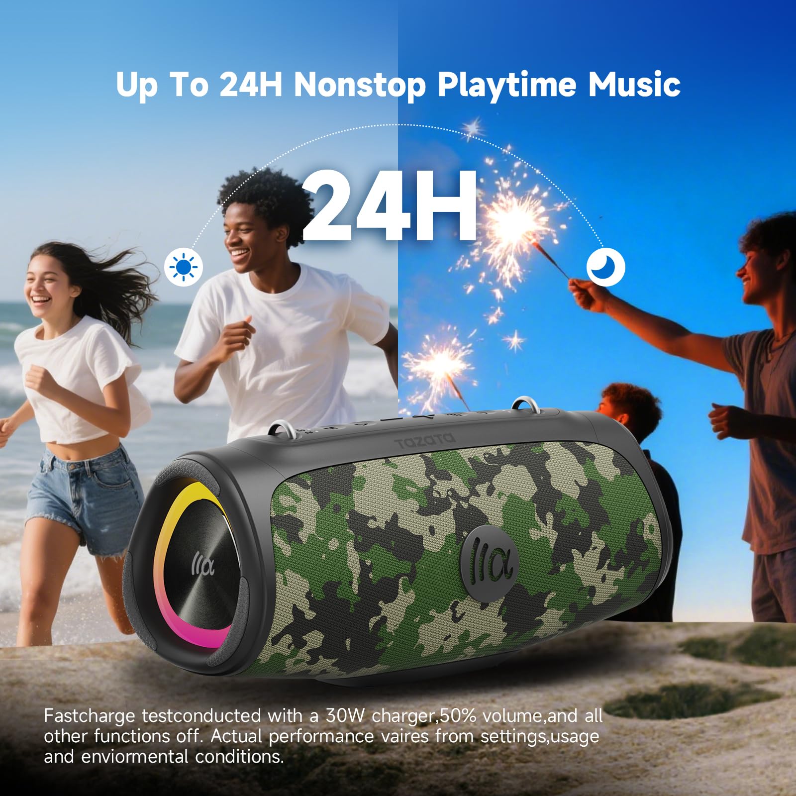 TAZATA - Altoparlante Bluetooth portatile da 60 W RMS, subwoofer da 90 W di picco alto, stereo wireless con suono HD, tempo di riproduzione 8H IPX7 impermeabile per feste in spiaggia (CAMO-60 W RMS/90