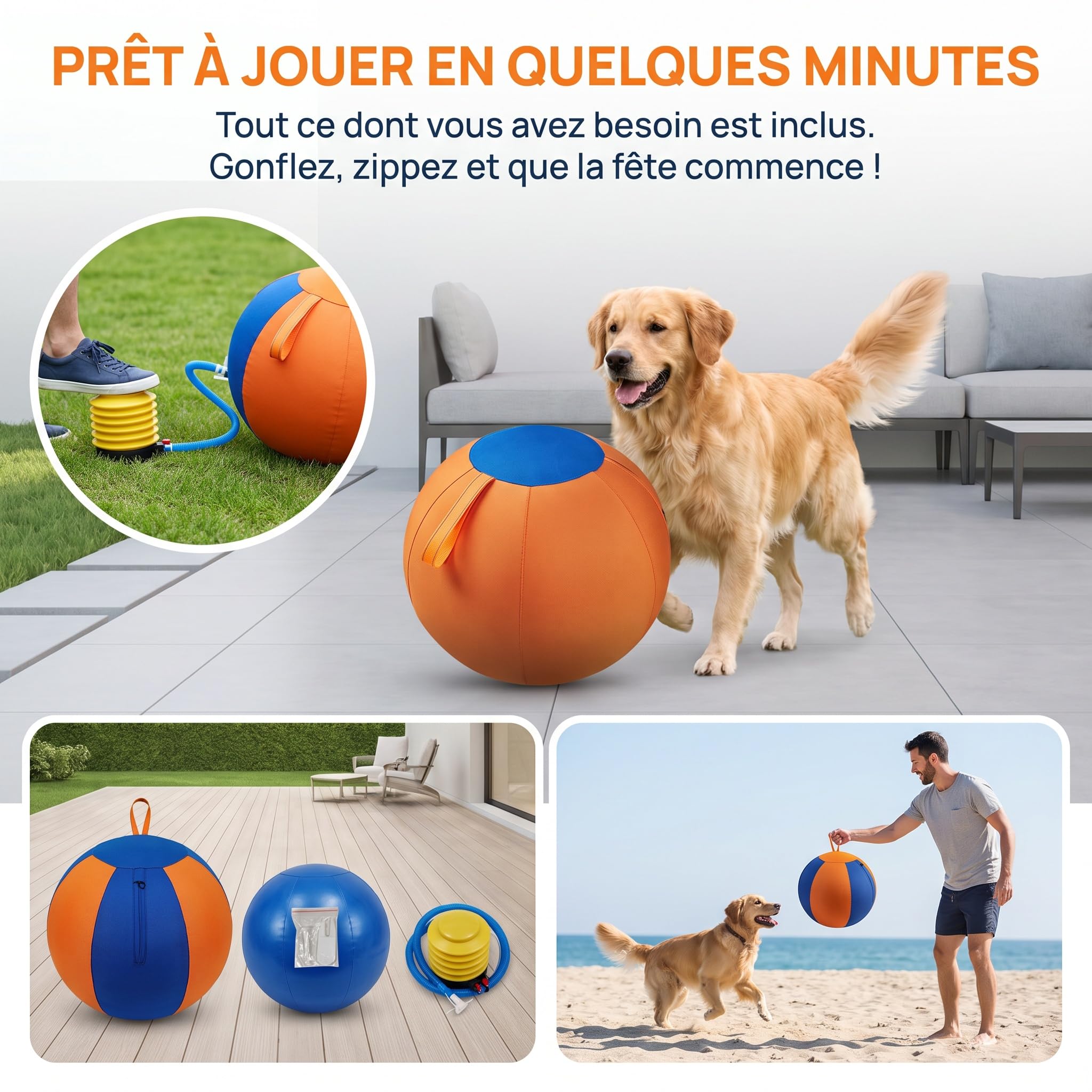 Balle GéAnte pour Chien, Ballon de Troupeau pour Chien, Gros Ballon pour Chiens RéSistant,Jouet Interactif RéSistant avec Sangle, pour Grand et Petit Chien, IntéRieur et ExtéRieur，D：65cm