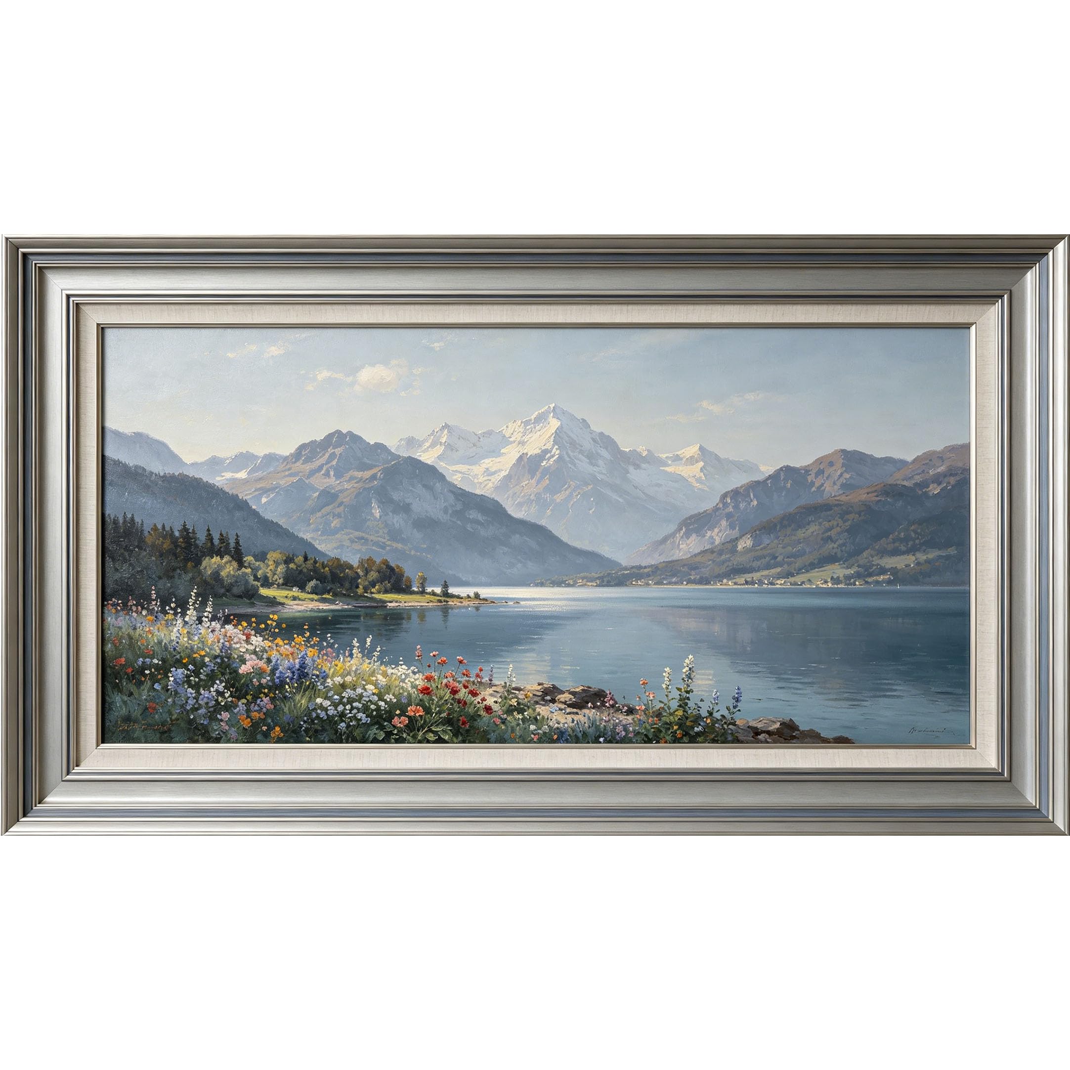 QZLITHOTIC 50x90cm3D Framed Wall Art， Mountain Lake Landscape Wildflower Botanical Scenic View Self‑Adhesive Mural， Water‑Activated Peel & Stick Fabric Decor Wall Decal for Bedroom Living Room