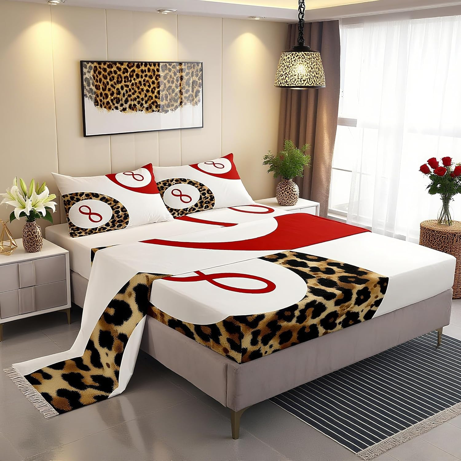 Manfei Lucky 8 Ball Bed Sheets Queen Size,Leopard Funky Y2K Coquette Bedding Set, Preppy Cheetah Trendy Boys Girls Room Decor,White Red Brown Sheet(Fitted+Flat+2 Pillowcases)