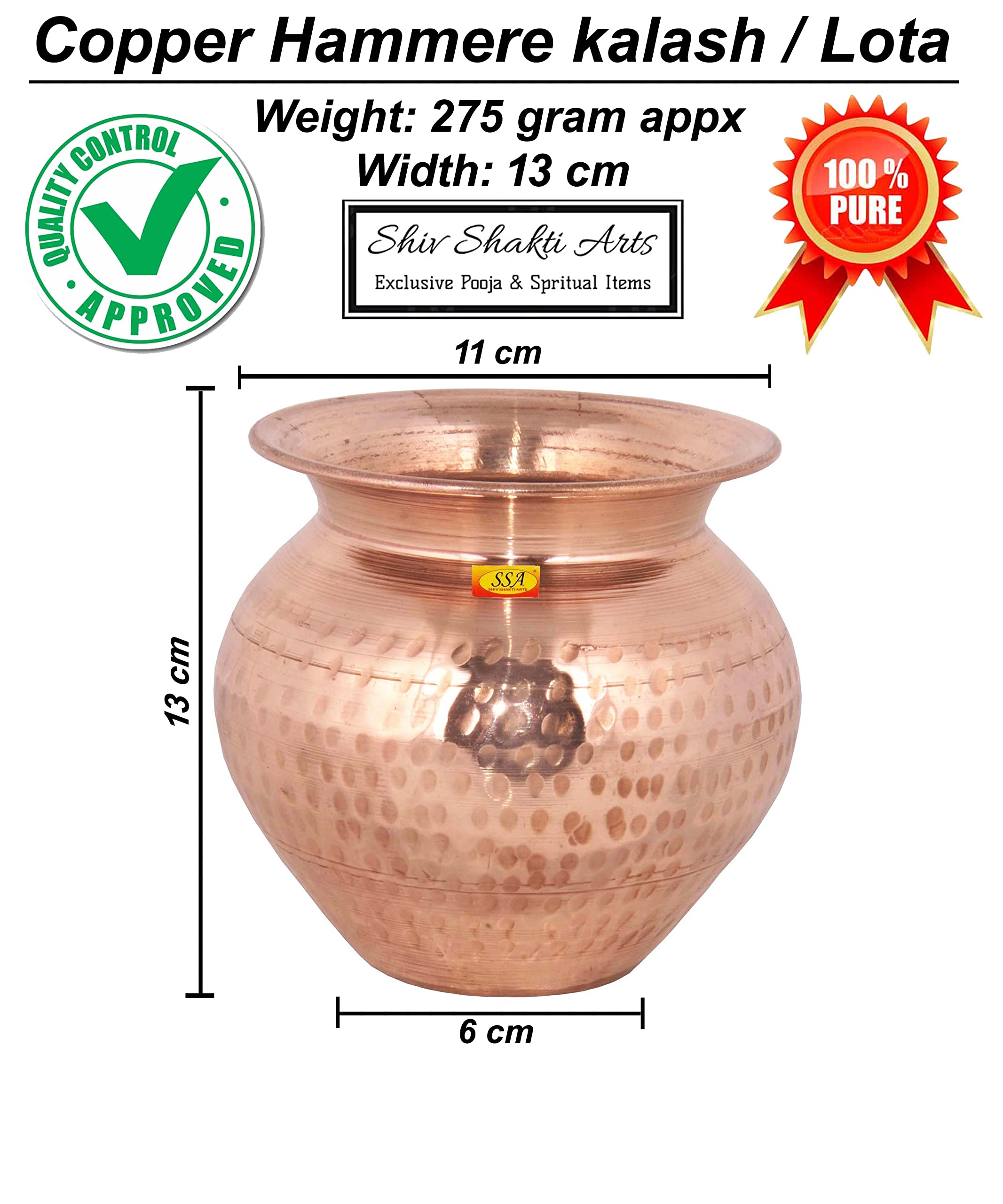 SHIV SHAKTI ARTS® 100% Pure Copper Pot | Kalash | Lota for Puja, Yoga Aayurveda for Good Health Benefit (Big - Hammer Design, Volume - 1000 ML) - 2 Piece.