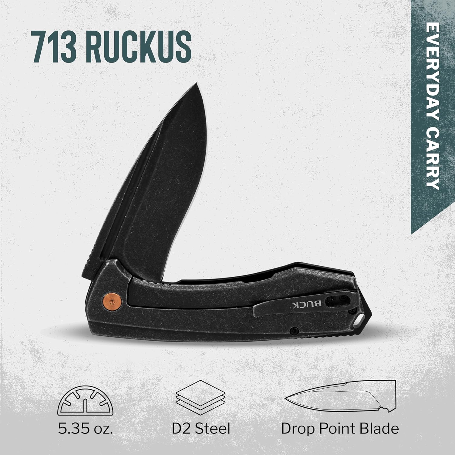 Buck Knives 713 Ruckus Folding Pocket Knife, EDC Knife with Pocket Clip, 3.5” Drop Point Blade, Frame Lock Design, Anodized Aluminum Handle, D2 Steel, Black, 5.35 oz