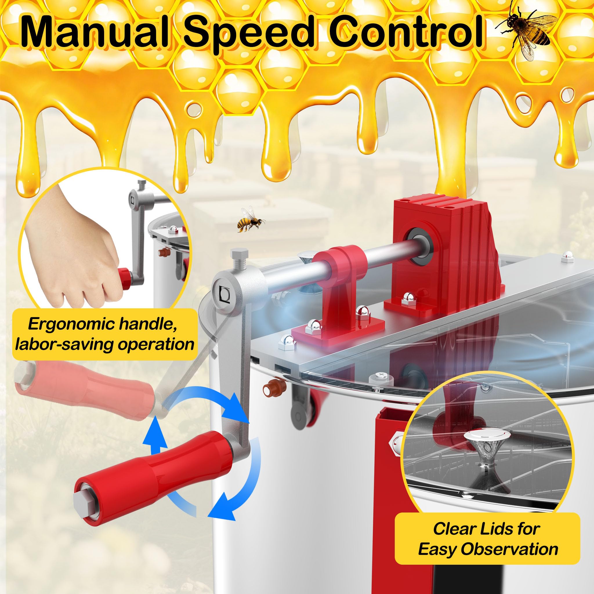 UISEBRT Essoreuse à miel manuelle en acier inoxydable 4 alvéoles | Presse à miel manuelle pour apiculteurs | Essoreuse tangentielle Extracteur de miel avec couvercle et support réglable 101-111 cm | Ø