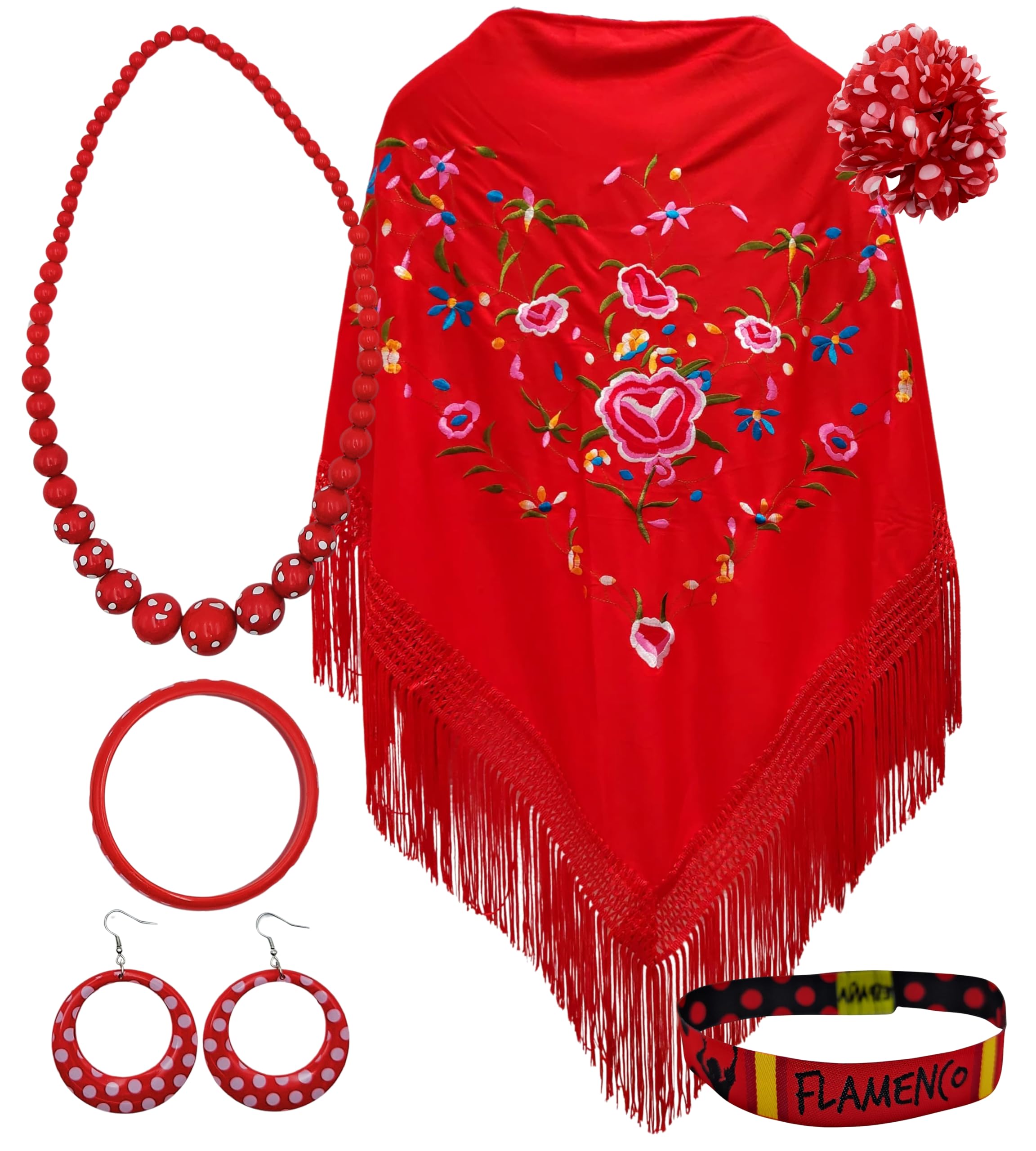 Mantón de Manila con Accesorios: Mantón de Manila con Flores Bordadas, Pinza Pelo Flor, Collar, Pulsera y Pendientes Flamencos y Pulsera de Tela.
