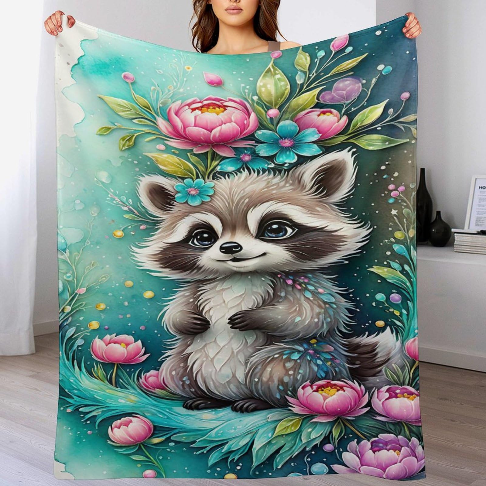 Couverture plaid raton laveur douce en flannel pour des soirées cocooning sur le canapé