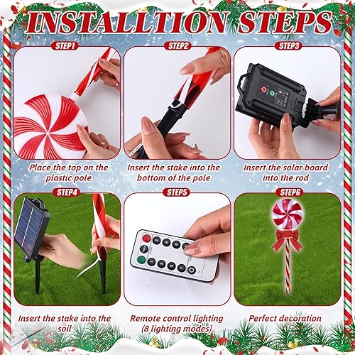 Miniatura 3 de Baquler Paquete de 6 luces solares de Navidad de 27.5 pulgadas con lazos para exteriores, verde, rojo, blanco, luces solares de Navidad con 8 modos