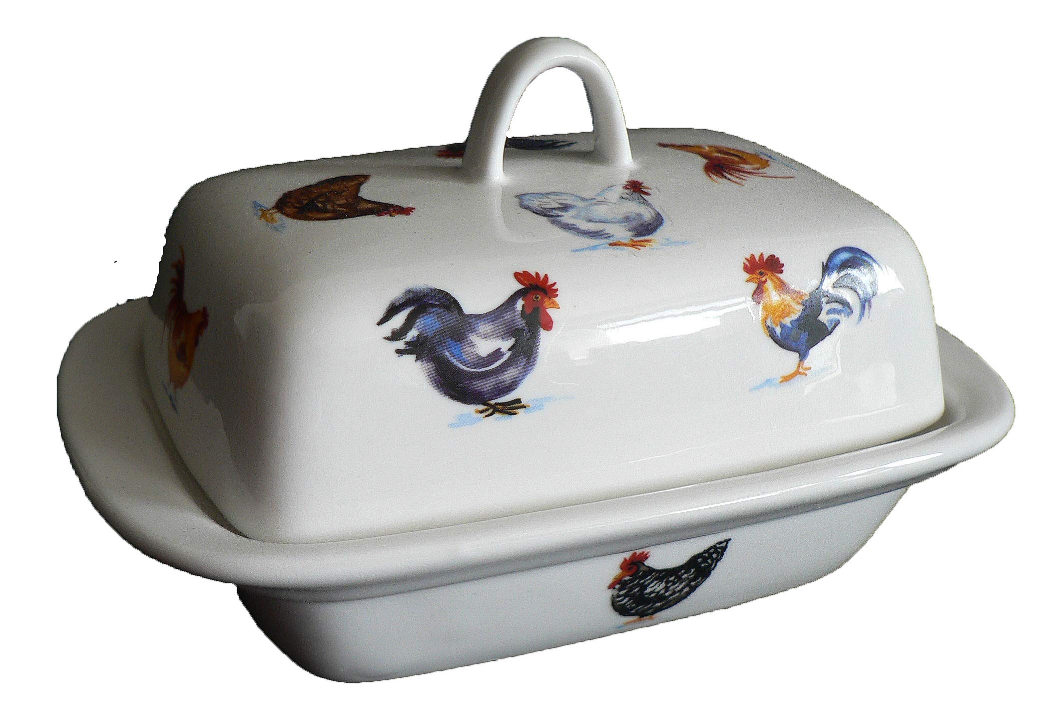 Chicken butter dish - A variety of chickens cockerels hens roosters on white porcelain butter dish decorated on lid and sides