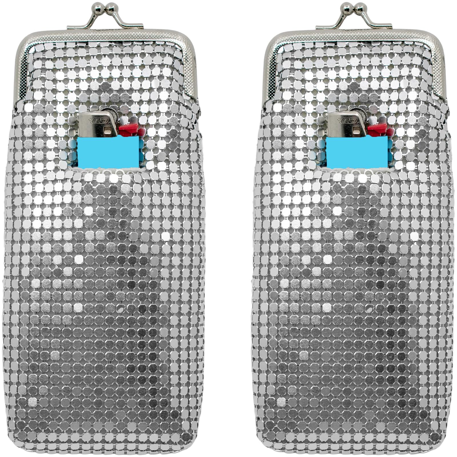 Set of 2 Vintage Soft Metallic Mesh Long Cigarette Case Purses with Lighter Pocket (4mm, Black Silver Gold)