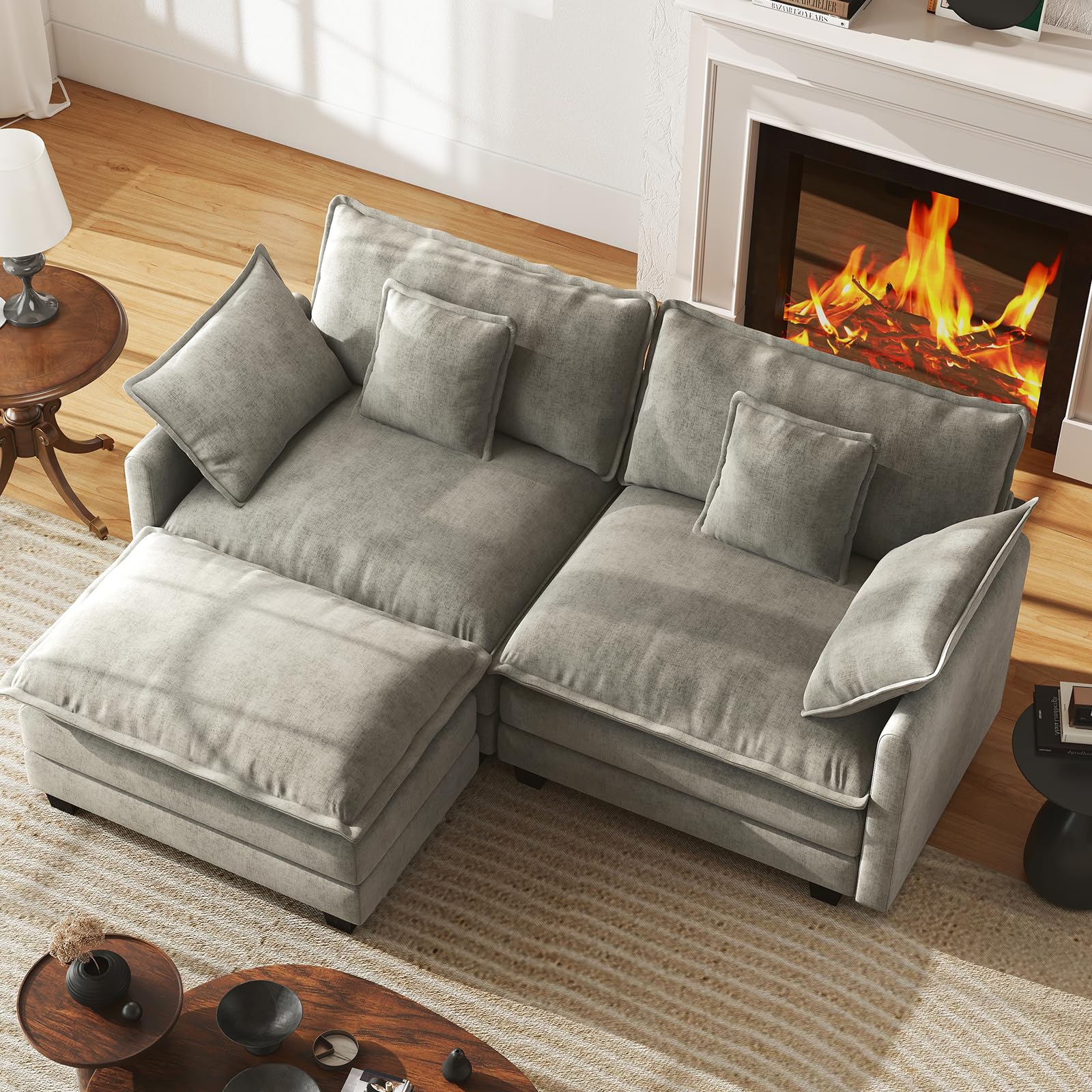 WorthFurni 77 Inch L Shape Cloud Sofa, Modular Sectional Couch with Ottoman, Comfy Chenille Deep Seat Loveseat with Pillow for Living Room Bedroom