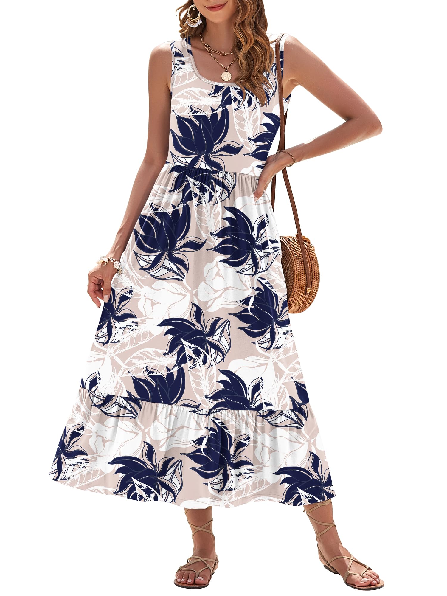 Womens Summer Dresses 2026 Sleeveless Maxi Dress Square Neck Casual Tiered Long Dress with Pockets