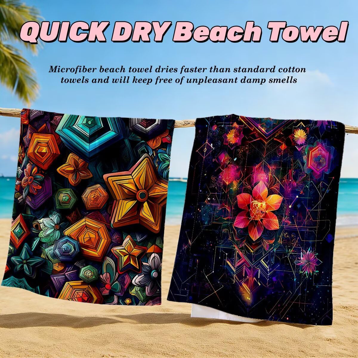 Juego de 2 Toalla Playa Grande 80x160 cm, Secado Rapido Toalla Microfibra Gimnasio, Antiarena Toallas de Playa Geometría, Grande Ligera Compacta Toallas Microfibra Mujer Hombre para Yoga Viaje -4004