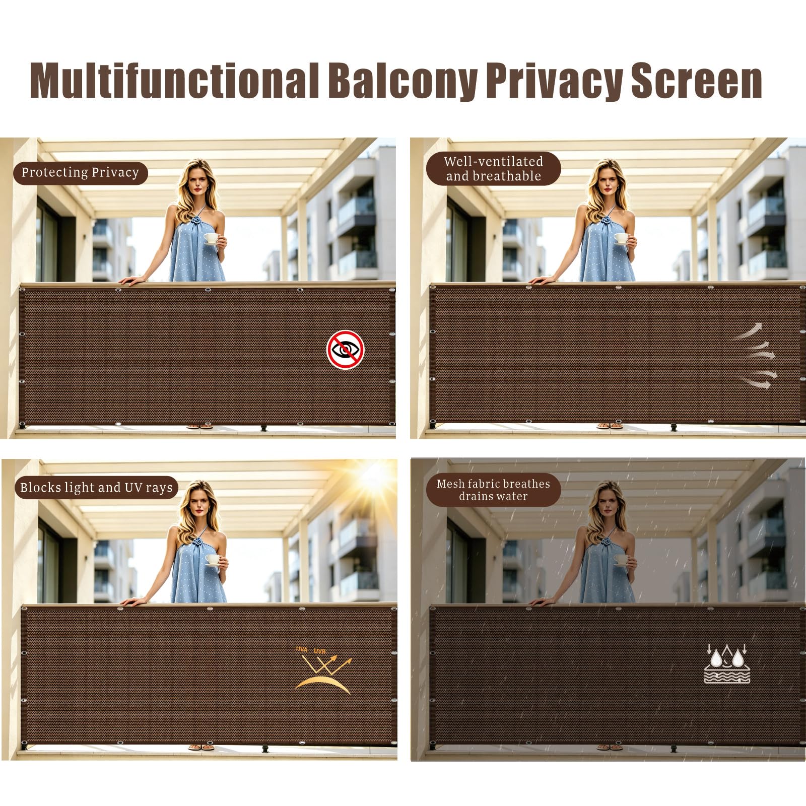 Copertura per Balcone 94 x 410 cm HDPE Antistrappo Protezione Traspirabilità Protezione UV 95% Privacy, Frangivista Balcone Schermi con Corda Fascette pour Terrasse, Marrone