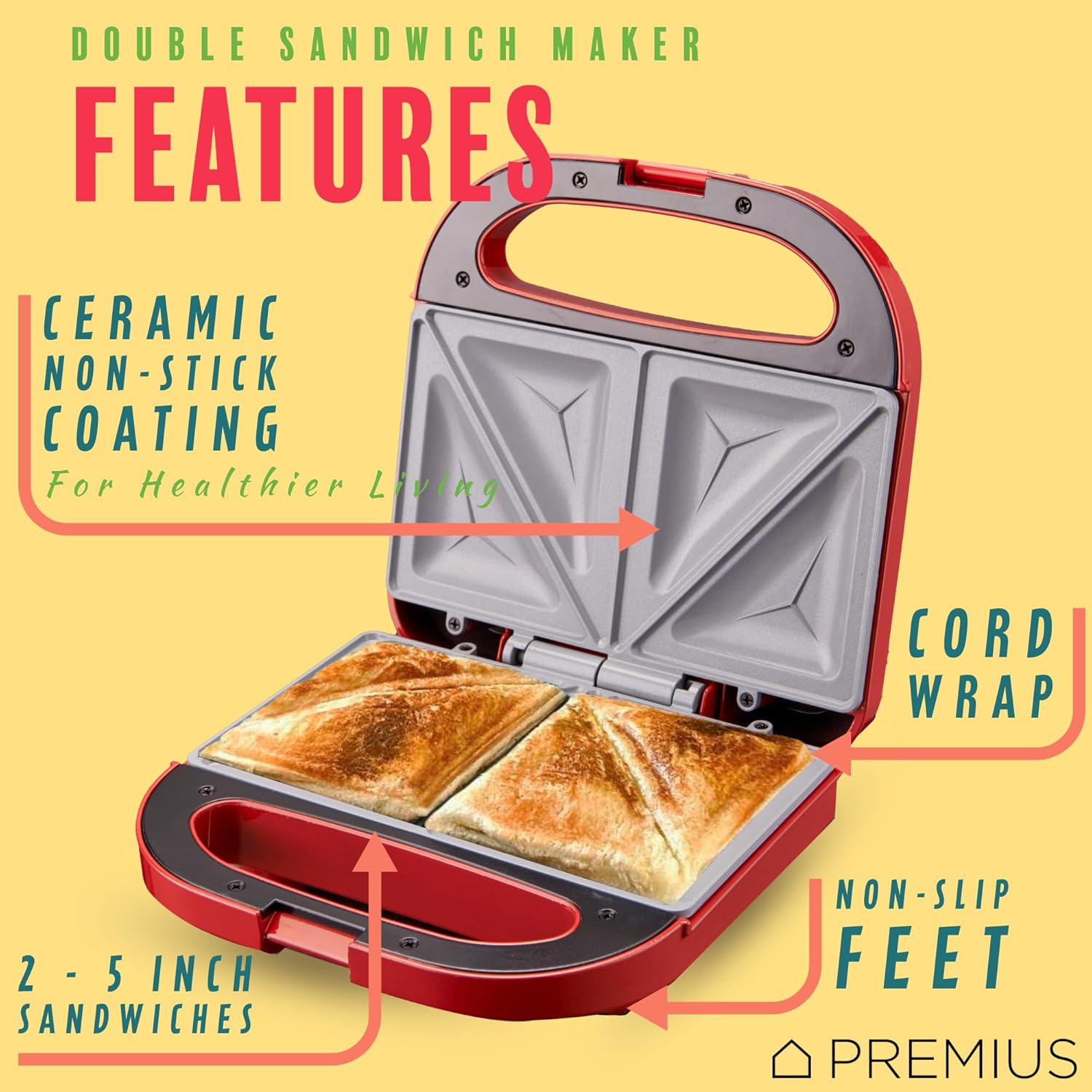 Ceramic NonStick Double Slice Sandwich Maker, Indicator Lights, Cool Touch Handle, Great for Grilled Cheese, French Toast, Tuna Melt, Egg & Cheese and Pancake Sandwich, Easy Clean (Black)