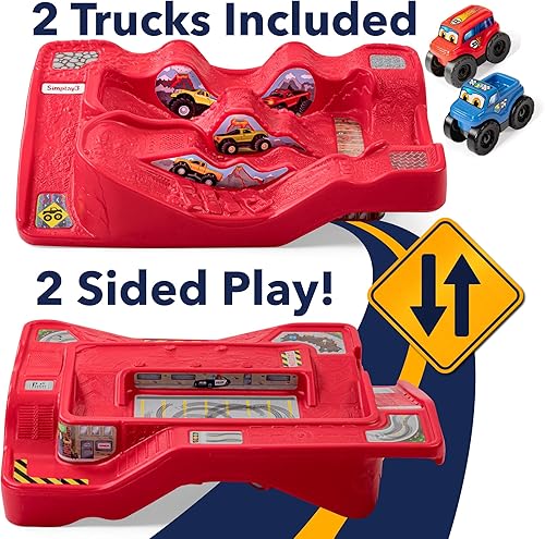 Miniatura 2 de Simplay3 Monster City Extreme Wheels Monster Truck y Car Race Track - Mesa de juego portátil roja de 2 caras para niños con 2 camiones Monster Race