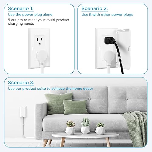 Miniatura 2 de Corrector de salida ultrafino con cable de extensión de enchufe ultra plano de 3 pies, corrector de cubierta de toma, 5 salidas de CA, 1875 W para