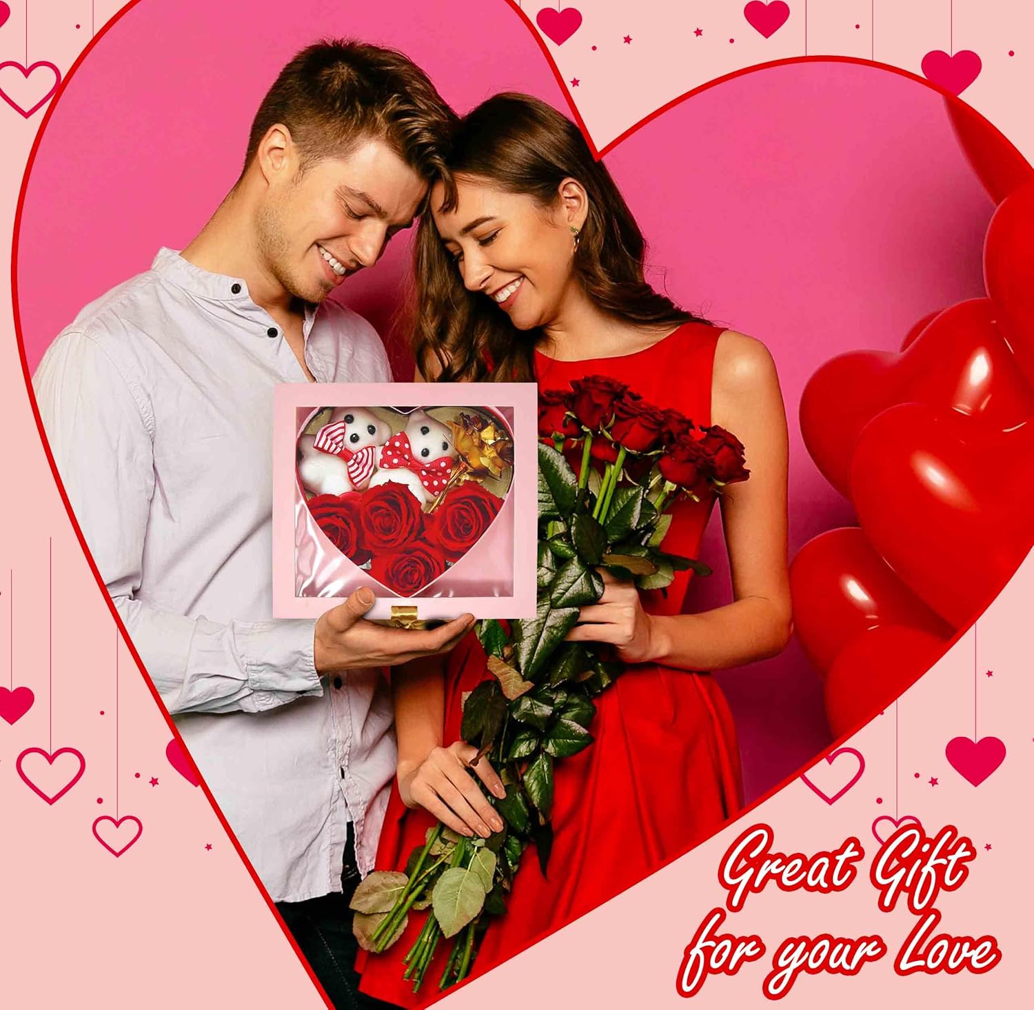 Gift Boutique Valentine's Pink Heart Flower Box Gold Ribbon Clear Top Window Lid Cardboard Fillable Packaging Boxes Treat Floral Candy Chocolate Gifts - Image 5