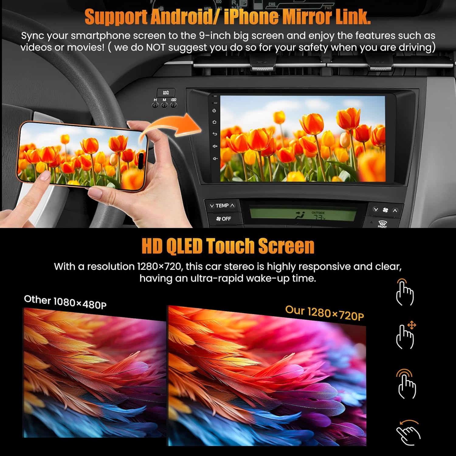 Car Radio Stereo for Toyota Prius 2010-2015 Without JBL Sound System, Support Wireless Carplay/Android Auto/Mirrorlink, 9 Inch QLED Touchscreen with Bluetooth,FM Radio