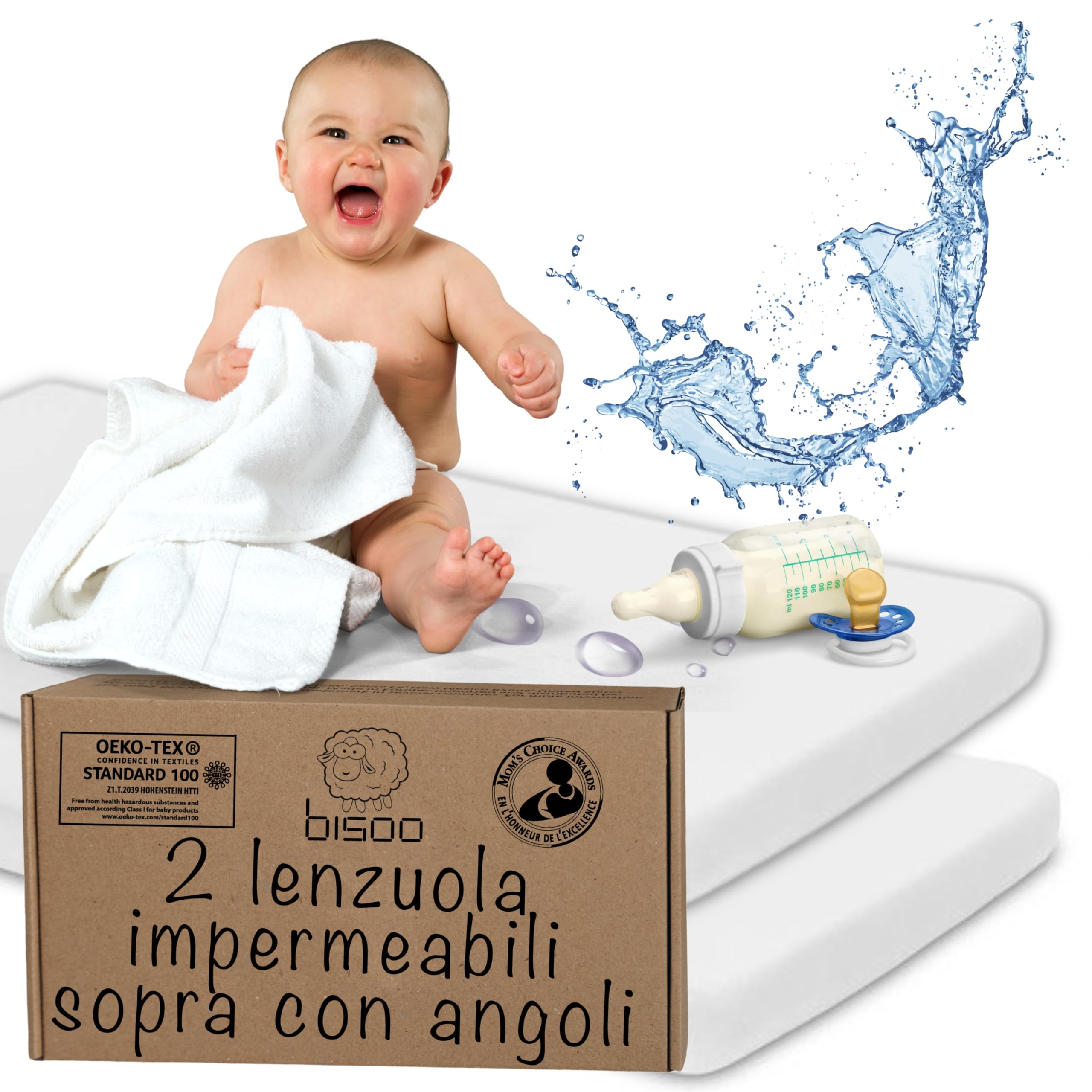 Bisoo Lenzuola Compatibili 50x83 / 50x80 - Lenzuola per Culla Impermeabili - Lenzuolo Coprimaterasso Impermeabile Con Angoli 100% Jersey OEKO-TEX - Set 2 Lenzuolini Bianchi