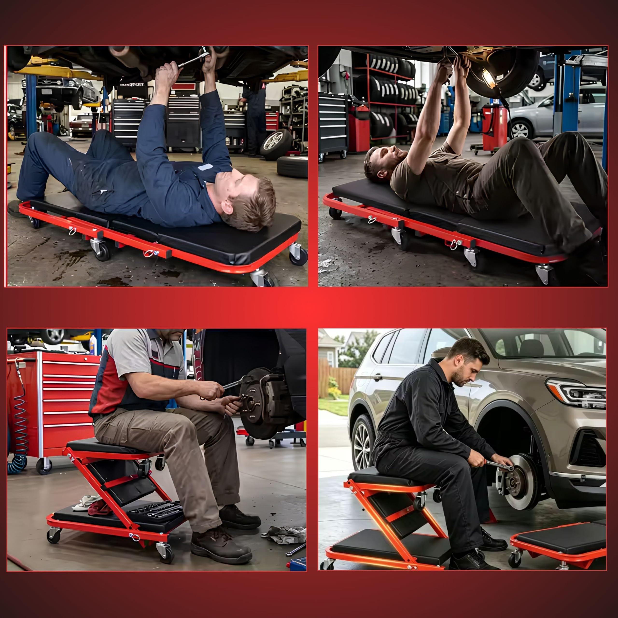 YASTA Carrello sotto Auto 2 in 1 Sgabello da Officina Meccanico Lettino Pieghevole 90cm Portata 150Kg Sedile Riparazione Imbottito con 6 Ruote Girevoli