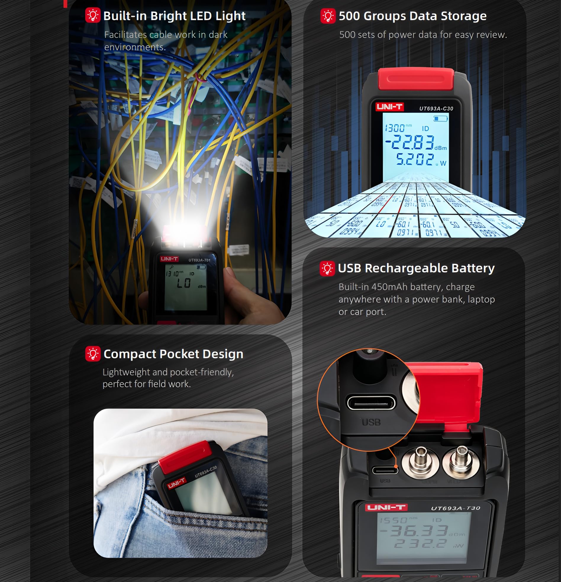 UNI-T UT693A-C01 Multifunktionales Faseroptik-Leistungsmessgerät – 4-in-1 Tester mit 30mW VFL, Netzwerkkabeltest & 500 Datenprotokollierung