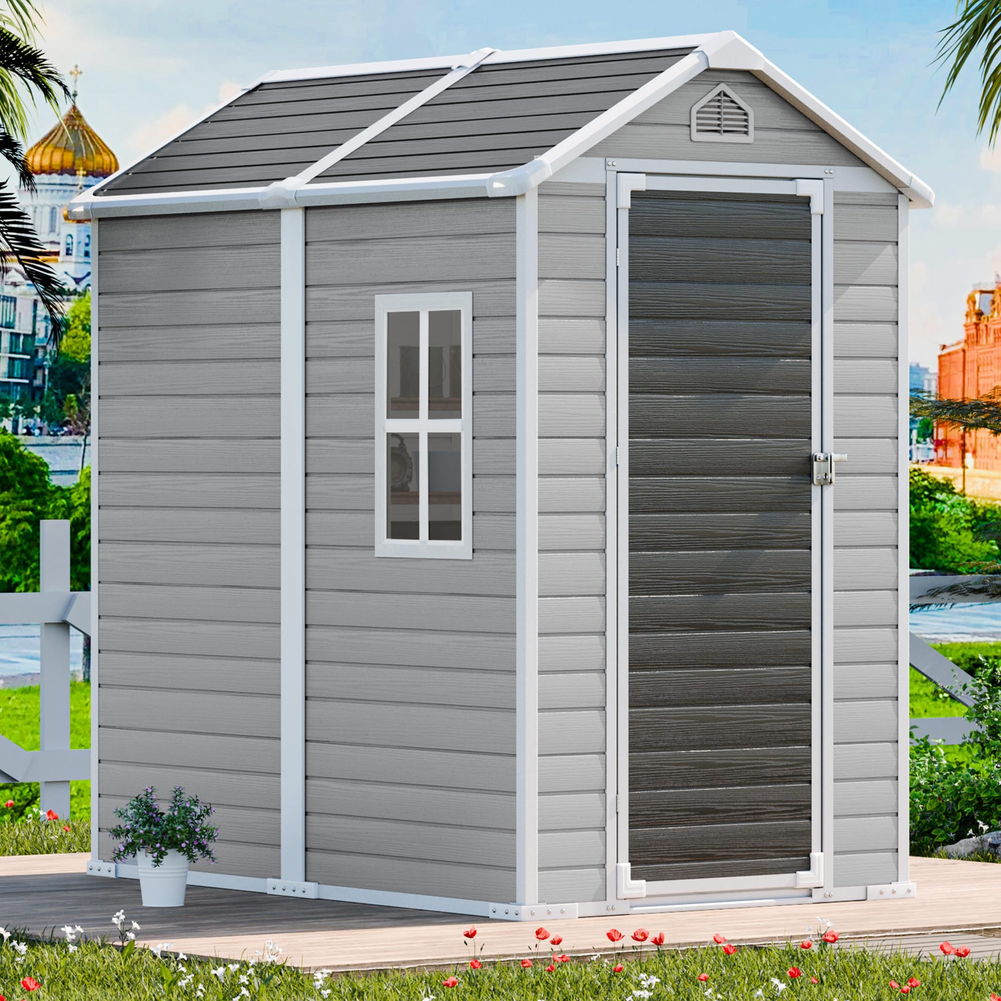 CDCASA 6x4 FT Outdoor Resin Storage Shed with Floor & Lockable Door & Window & Vents Included, Waterproof Outside Plastic Sheds for Backyard, Patio, Poolside, Lawn, Gray