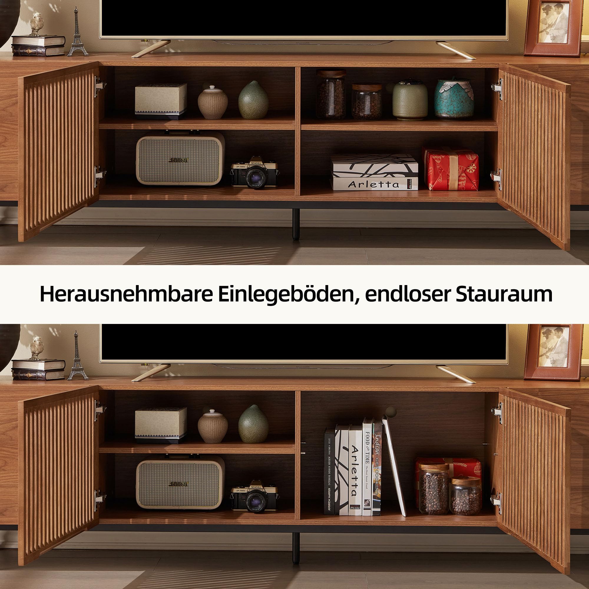 TV-Schrank 240 cm, TV Lowboard für 85 Zoll TVs, Walnuss | 240 cm Breite, Für Fernseher bis 85 Zoll, 6 Staufächer, Walnussoptik, Lamellentüren aus Eschenholz, Pflegeleichte Oberfläche