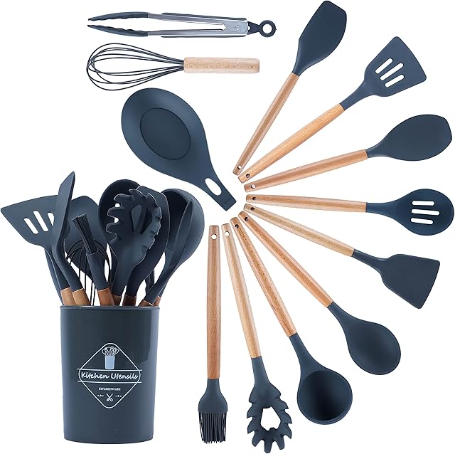 MACZ GROUP 13 Pcs Silicon Kitchen Utensils Set, Heat Resistant Set, Kitchen Accessories for Non-Sticky Pans, Home Cooking Utensils Set-Grey