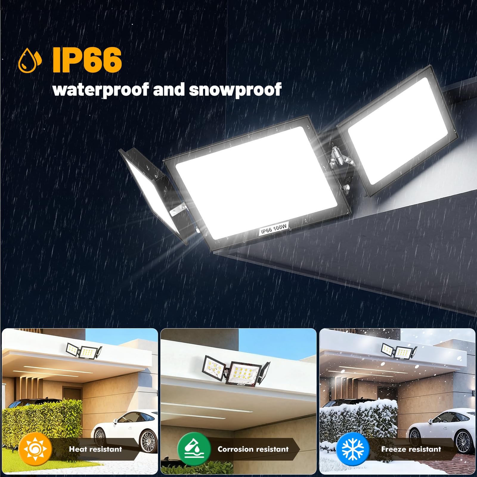 Lightasea 100W Security Lights Outdoor,LED Spot Light,10000LM LED Floodlight Outdoor,Outdoors Spotlight with Adjustable 3 Heads,IP66 Waterproof Outdoors Wall Light,for Courtyard Porch Garden Garage - Image 3