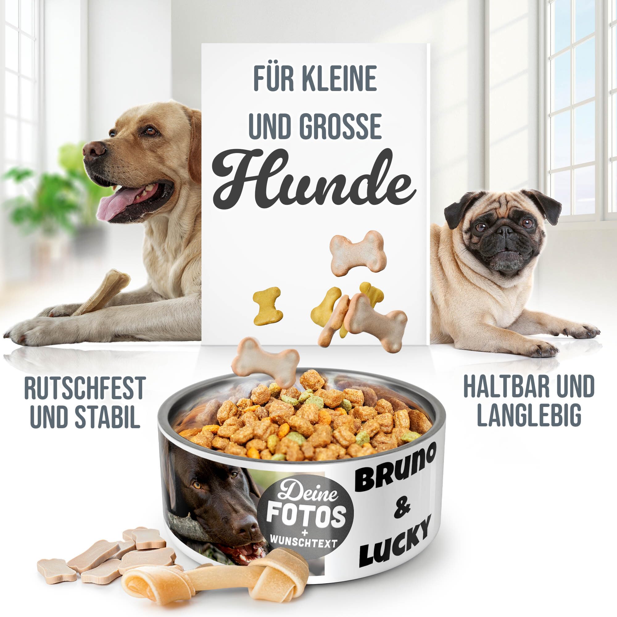 PR Print Royal Hundenapf personalisiert zum selbst gestalten mit Foto-Collage für 2 Fotos & Text - Wassernapf, Fressnapf Hund - Geschenke für Hundebesitzer | Edelstahl, rutschfest 1500 ml