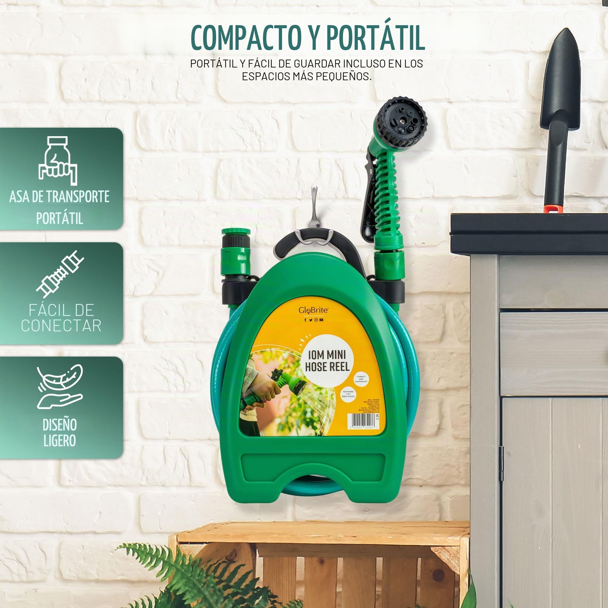 GloBrite Manguera de Jardín Enrollable de 10 m con Pistola de 7 Modos y Carrete, Enrollador Compacto y Portátil con Soporte Mural para Balcón, Terraza, Patio, Limpieza Exterior y Hogar Diario