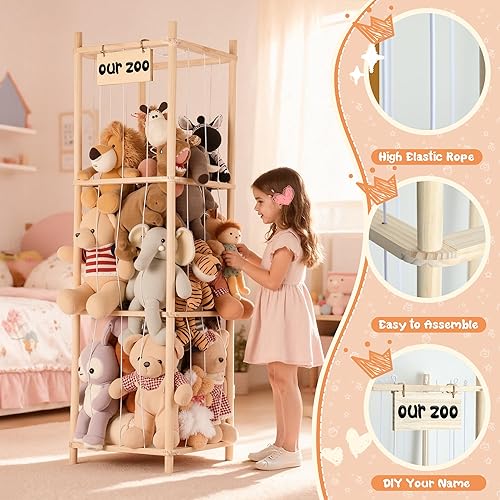 Miniatura 4 de LAMU Almacenamiento de animales de peluche, soporte de madera para animales de peluche con cordones elásticos, organizador de juguetes de ahorro de