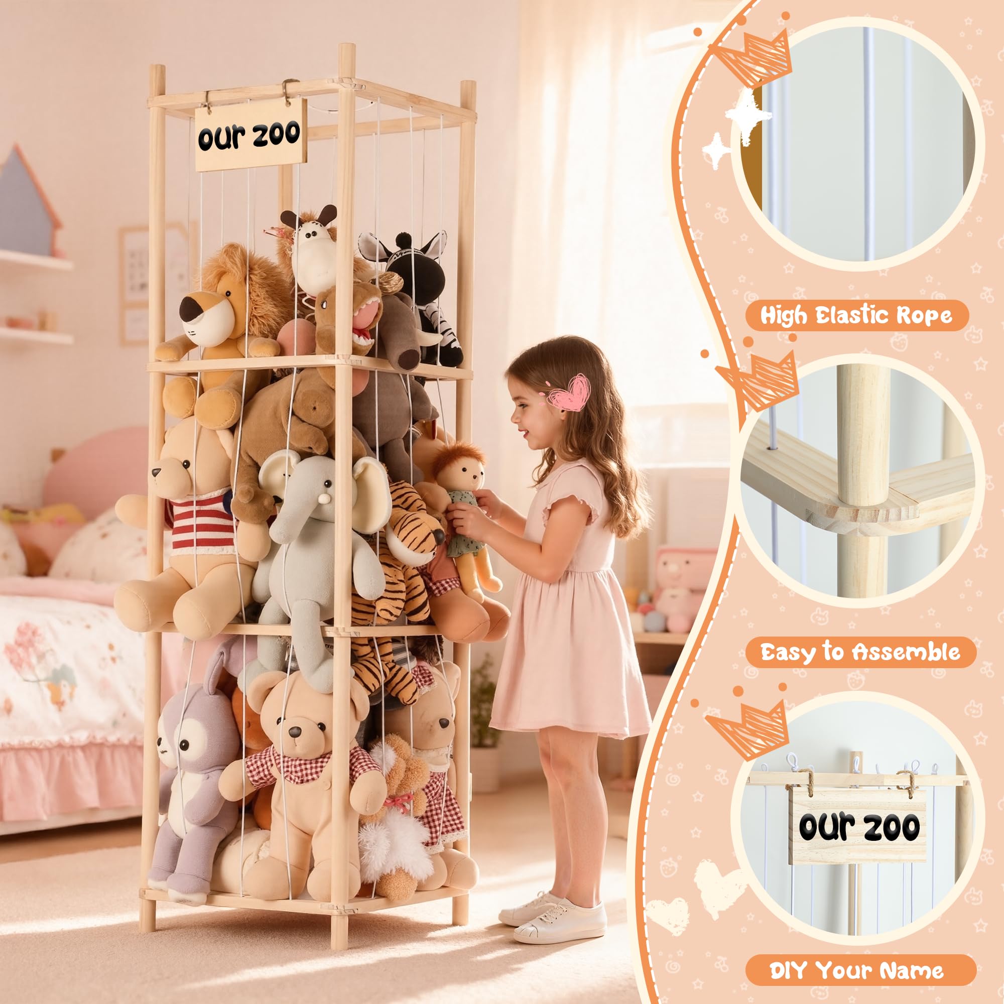 LAMU Kuscheltier Aufbewahrung, Stofftier Plüschtier Aufbewahrung aus Holz mit Elastischen Kordeln, Spielzeug Organizer Extra Große Kapazität für Babyzimmer Wohnzimmer Schlafzimmer, W 39.5cm, 3 Tier