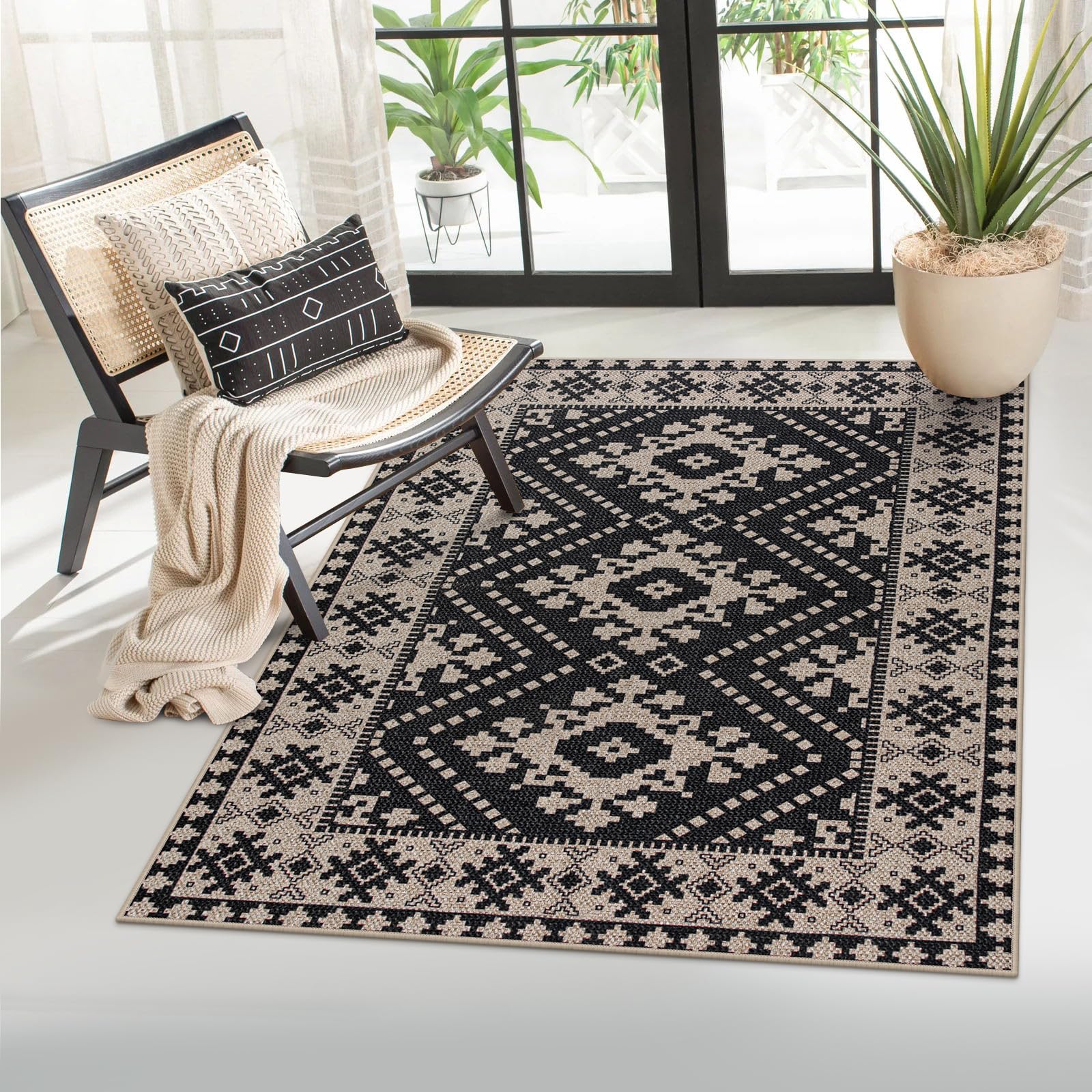 Lahome Moroccan Easy Jute 3x5 Entryway Rug, Indoor Outdoor Patio Rug 3x5 Farmhouse Black Washable Living Room Carpet, Non Slip Indoor Outdoor Carpet