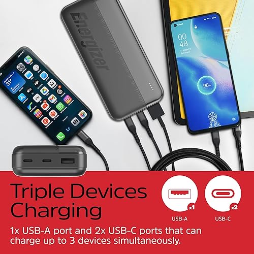 Miniatura 3 de Energizer Cargador portátil de batería de 20000 mAh, carga rápida, entrada y salida USB-C, paquete de batería de viaje compacta para iPhone