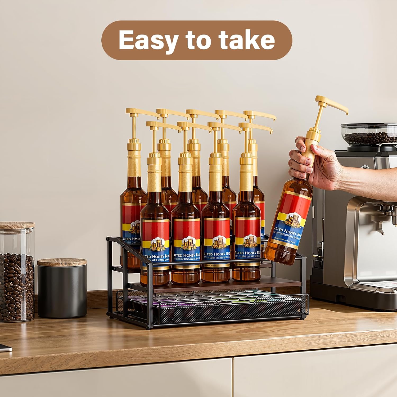 coffee syrup rack organizer, 3-tier 10 bottle syrup rack with 35 k cup darwer for coffee bar, countertop bottle holder stand for dressing for kitchen cafe station 3 tier 10 bottle with drawer