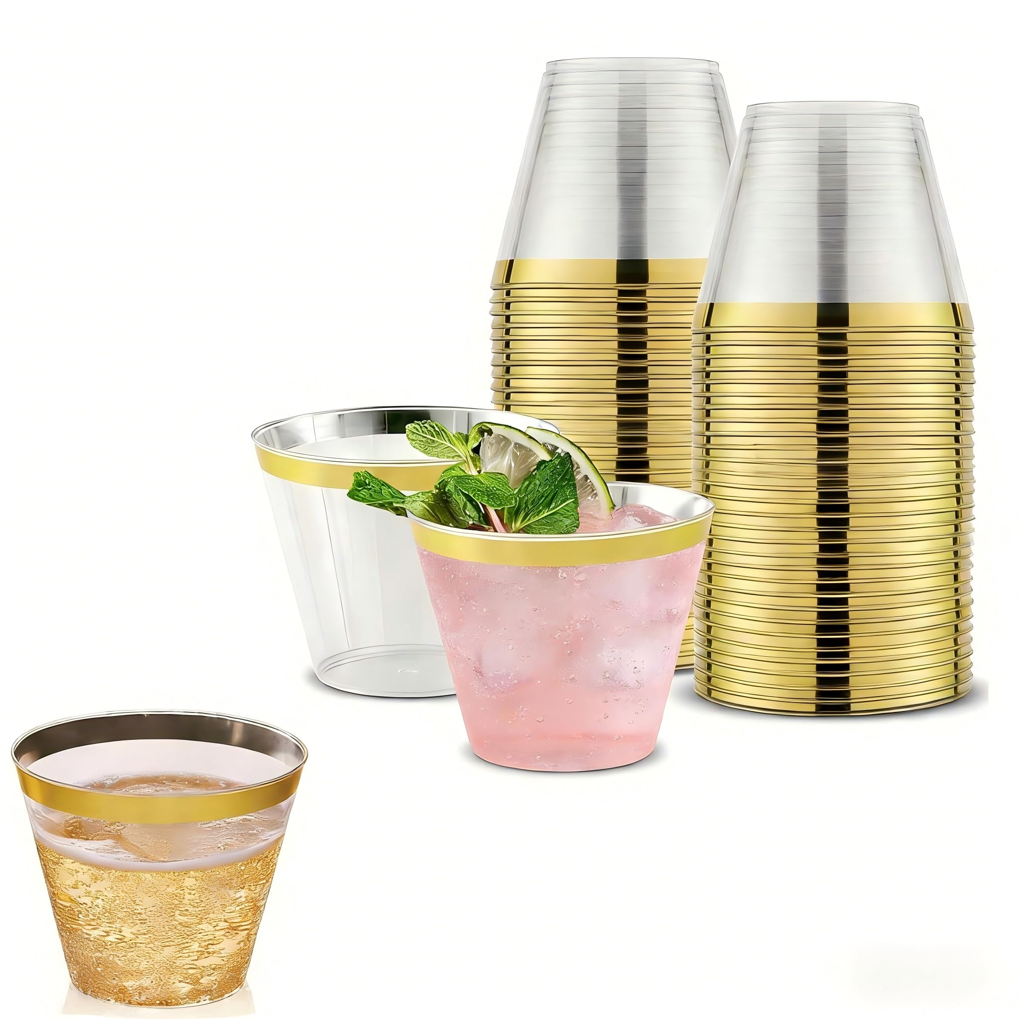 XIANJIA 50 Pack Clea Plastic Cups, 9oz Party Cups, Plastic Wine Glasses, Plastics Tumblers, Reusable Elegant Party Cup with Gold Rim for Beer, Spritzers, Juice, Water, Smoothies, Spirits (Gold Trim)