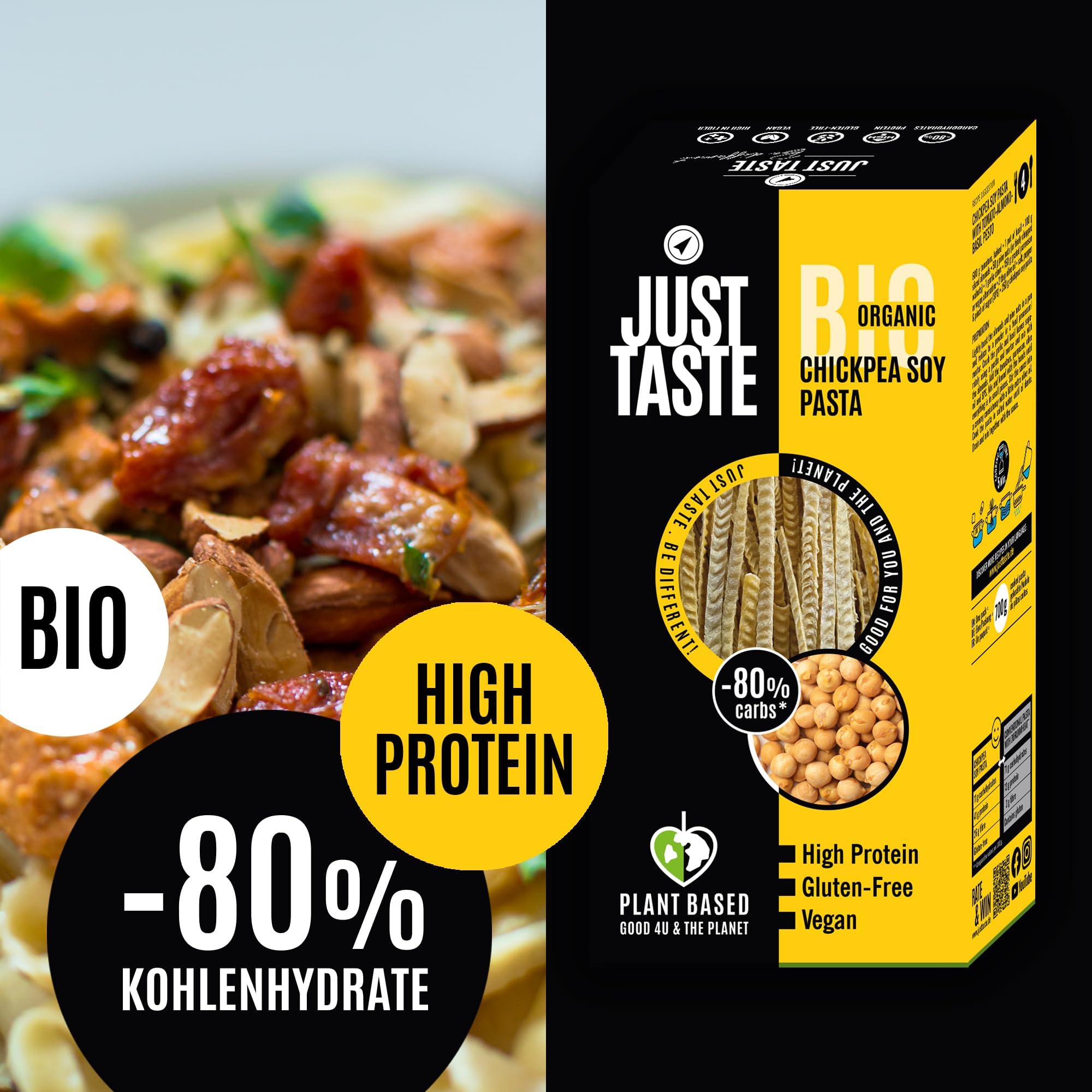 JUST TASTE - Bio Kichererbsen-Soja Fettuccine/Linguine - 43g Protein - Kichererbsen Nudeln Ideal für Sportler - Low Carb - High Protein, 250g (6er Pack)
