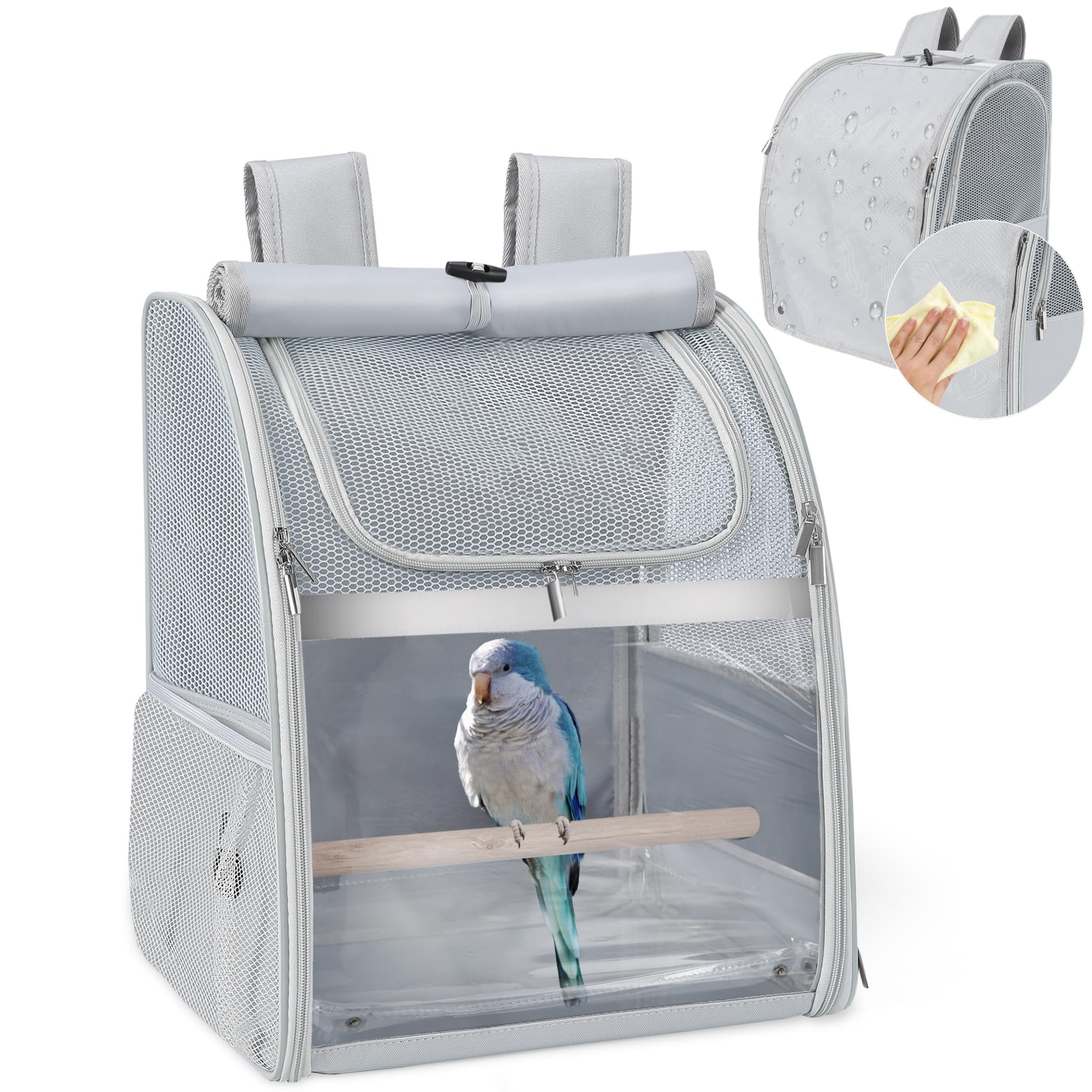 Mochila de transporte para periquitos y loros, resistente al agua, con 2 perchas y bandeja, jaula de viaje transpirable para cacatúas, ligera, 33,5 x 29 x 43 cm