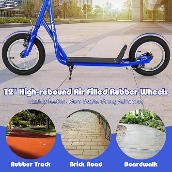 GYMAX Scooter, Kids & Adults Off-Road Scooter with 12 Inflatable Wheels, Adjustable Height Handlebar, V-Type Handbrakes & Axle Pegs for All Terrain, 8+