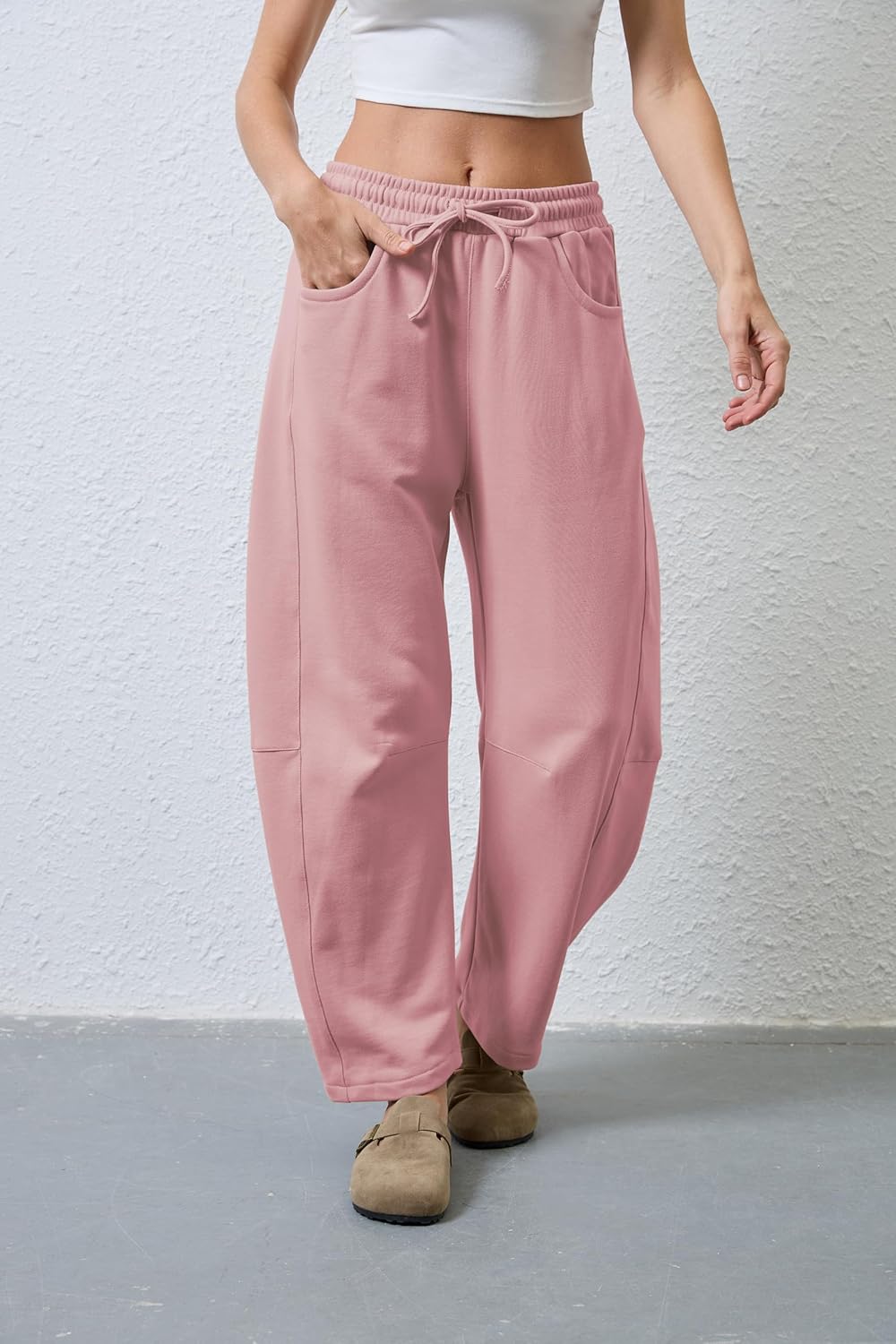 Hongsui Women's Barrel Leg Pants Elasticated Waistband Soft Wide Leg Pants with Pockets Casual Sweatpants - Image 2