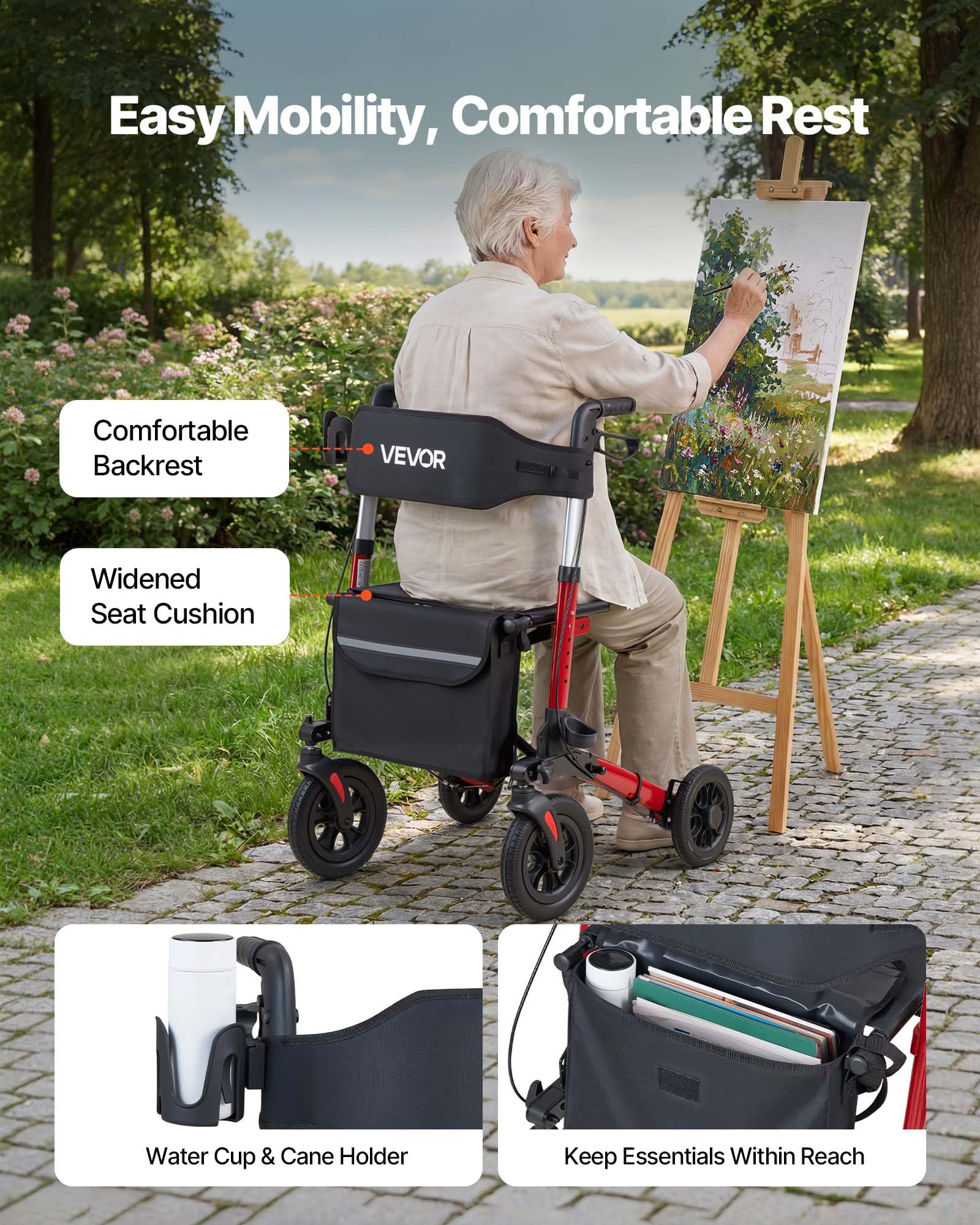 VEVOR Deambulatore con Sedile Carico Max 136 kg per Sostegno Camminata, Deambulatore Pieghevole in 3, Ausilio Struttura in Alluminio con Ruote Maniglia Regolabile e Porta Bastone, per Anziani Disabili