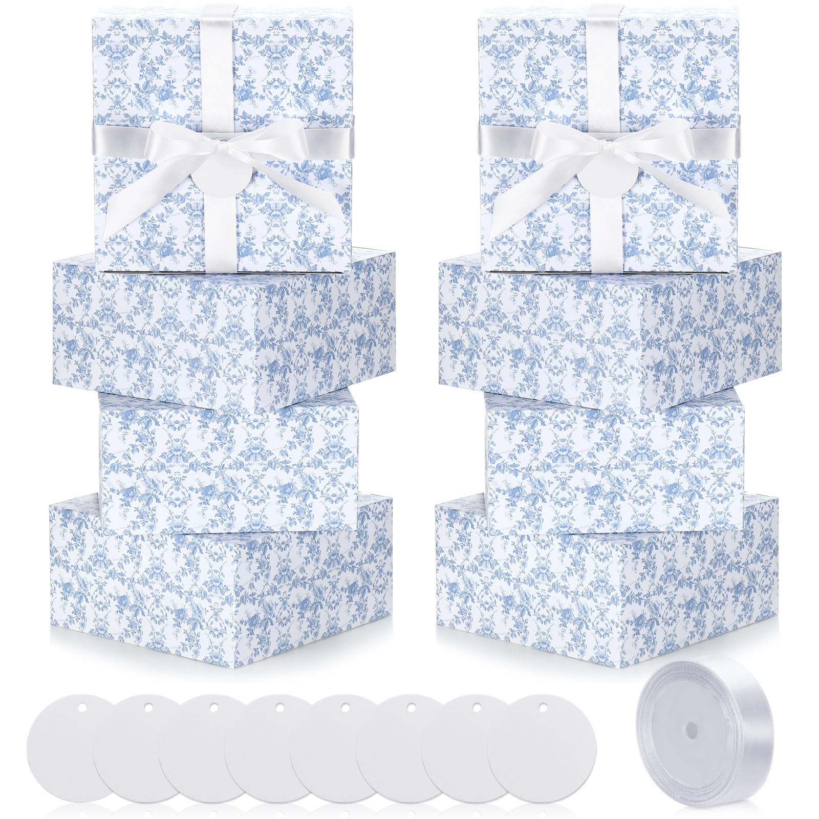 Faccito Blue 8 Pack Floral bridesmaid proposal Gift Boxes 8 x 8 x 4 Inch Flower Paper Boxes with Ribbon Label Card for Wedding Bridesmaid Gift Bridal Baby Shower Birthday Party Favor (Chinoiserie)