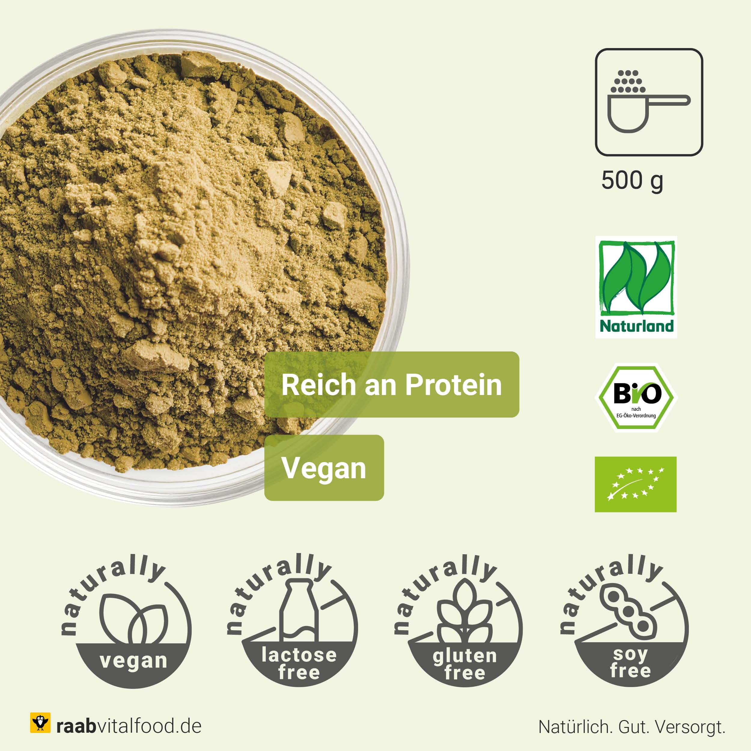 Raab Vitalfood Bio Hanf-Protein 500 g, rein pflanzlich, Protein-Pulver mit 49 % Protein, Hanf-Mehl, Eiweiß-Shake, vegan, glutenfrei