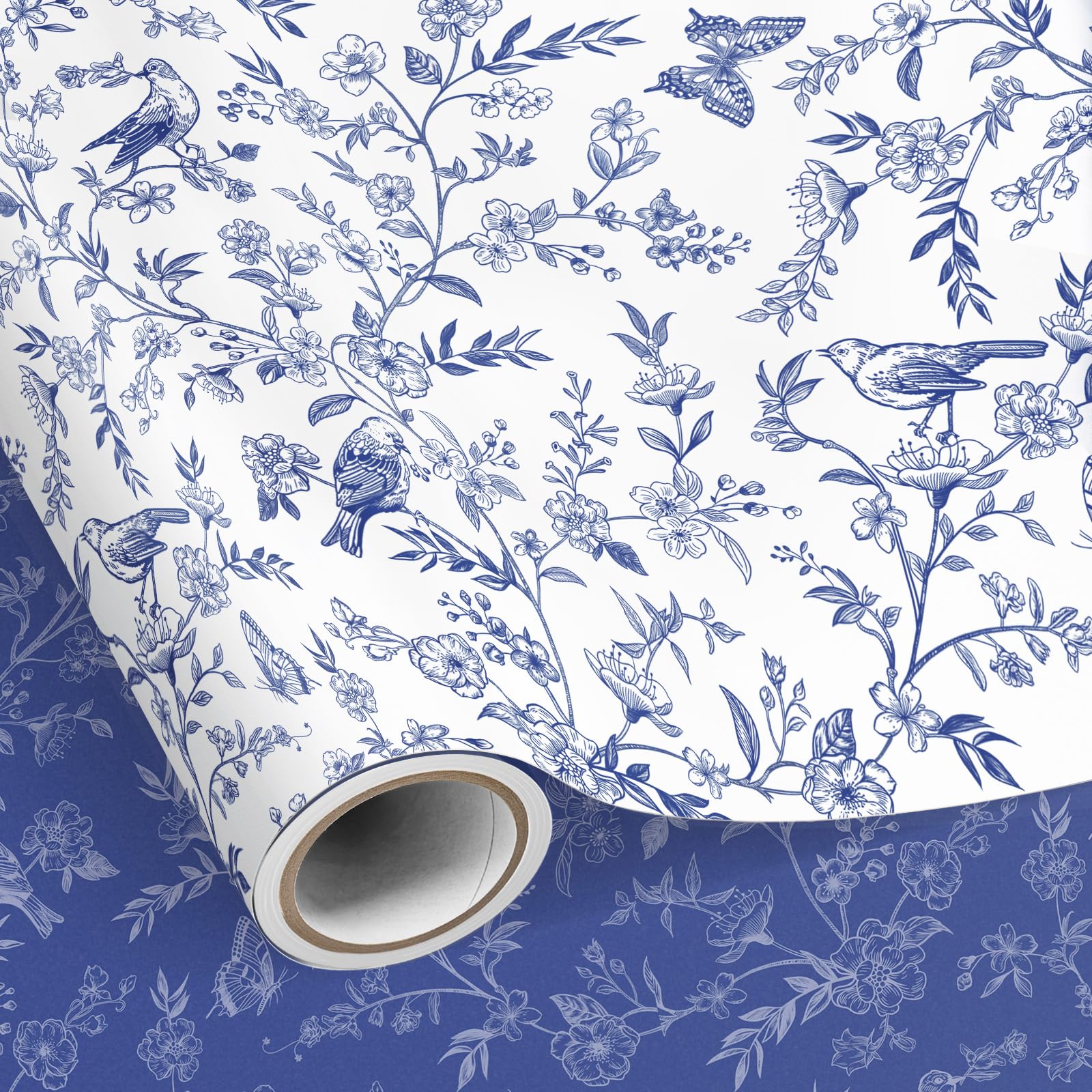 SHUCHING Navy Blue Flower Wrapping Paper Roll, Reversible Vintage Blue Floral and Birds Gift Wrap for Women Birthdays, Wedding, Anniversary, Bridal Showers Party, Mother's Day - 43cm X 10m