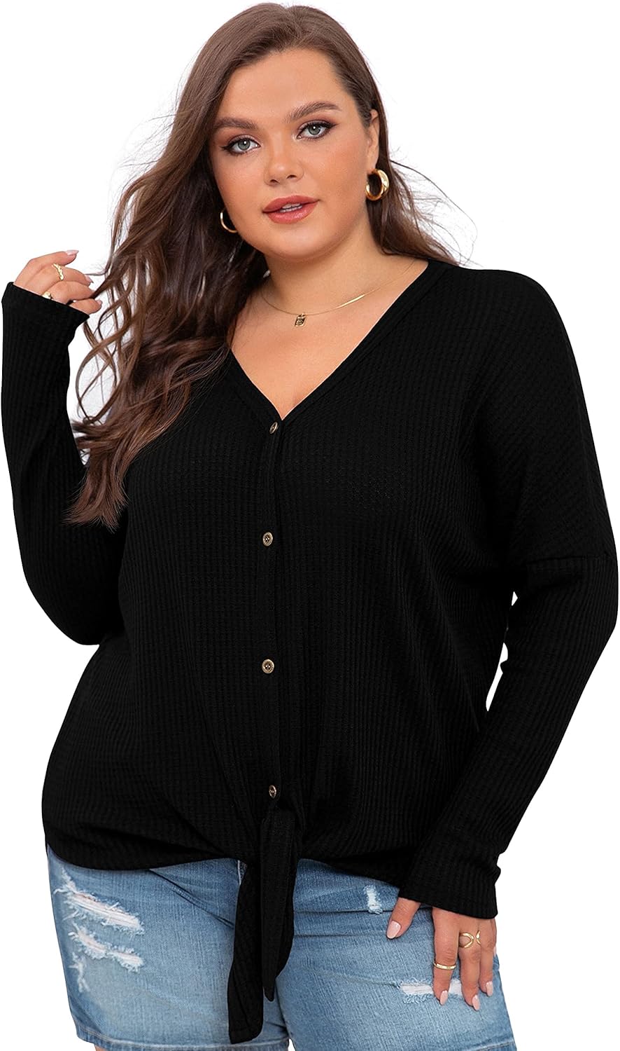 OLRIK Womens Plus Size Tie Front V Neck Blouse