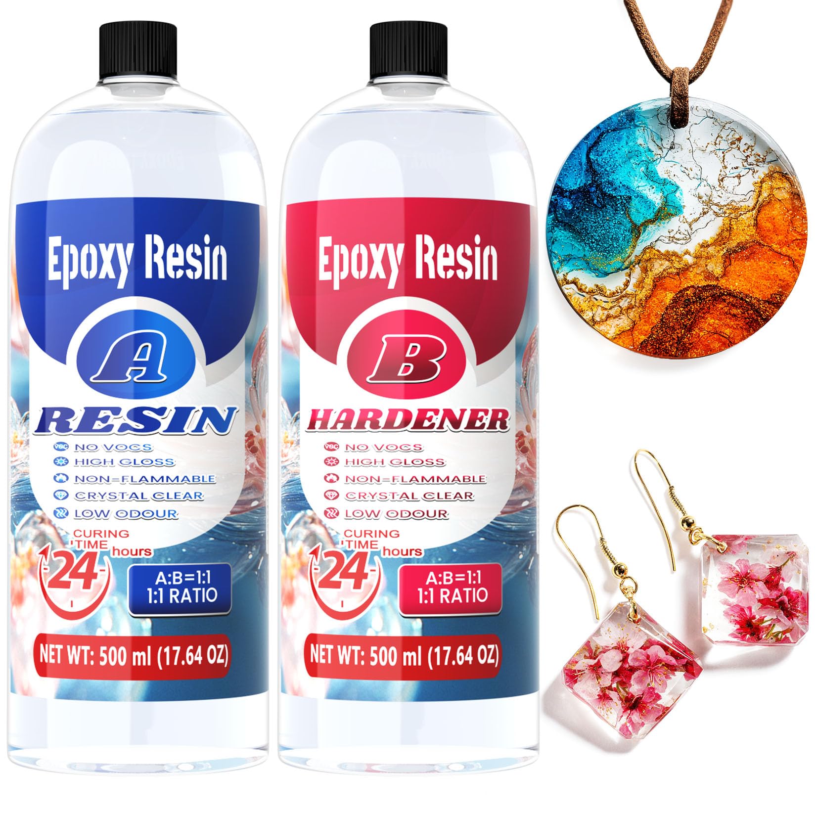 Epoxy Resin - 1L Crystal Clear Resin Kit for Jewellery Making, DIY Art &Craft, Coasters, Casting, Ornament, Mold, Low Odour, Non-Toxic, Self-Leveling Epoxy for Beginners