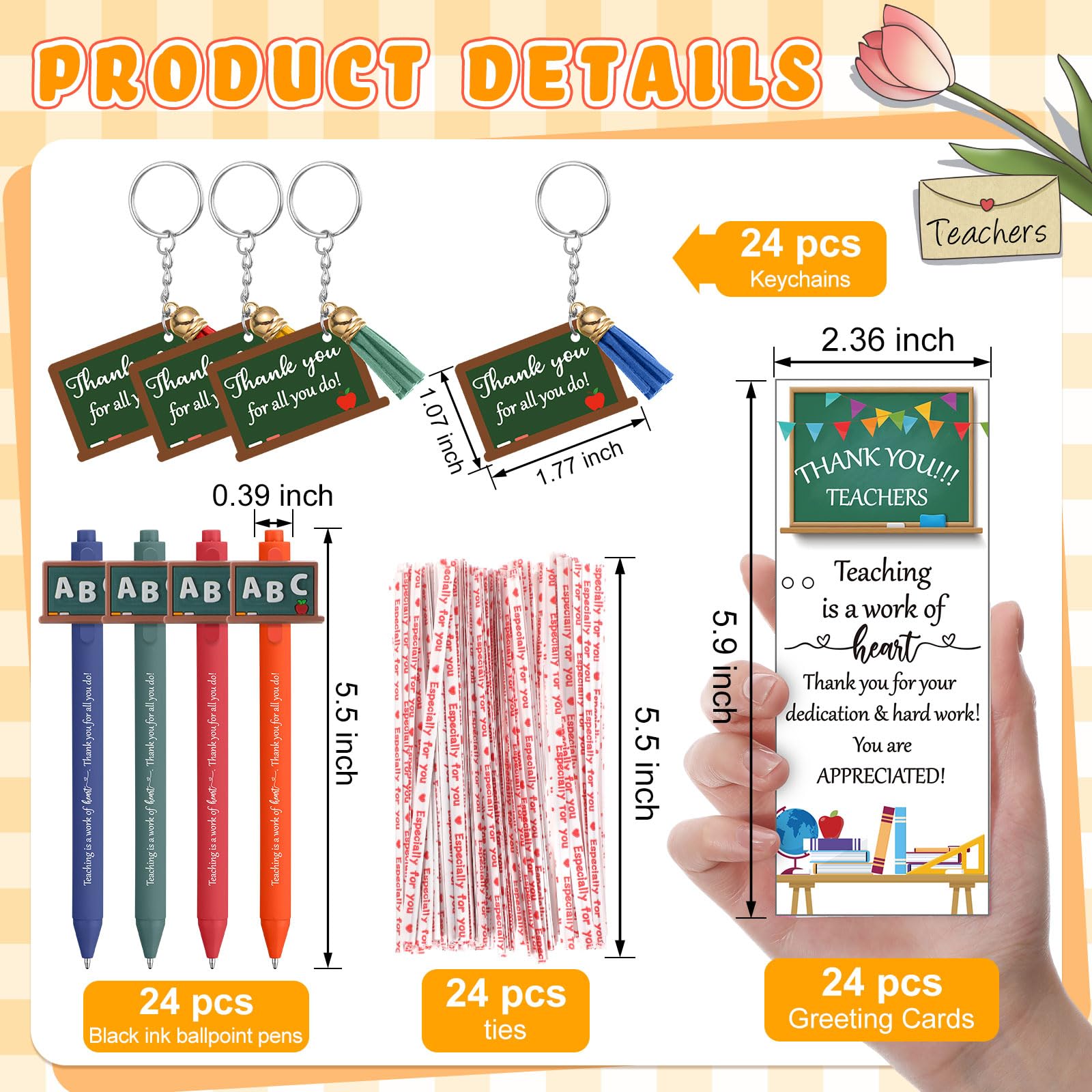 Kosiz 24 Sets Lehrer-Wertschätzungsgeschenke für Lehrer für Damen und Herren, inklusive einziehbarem Kugelschreiber, Dankeschön-Schlüsselanhänger, inspirierende Grußkarte mit Krawatten