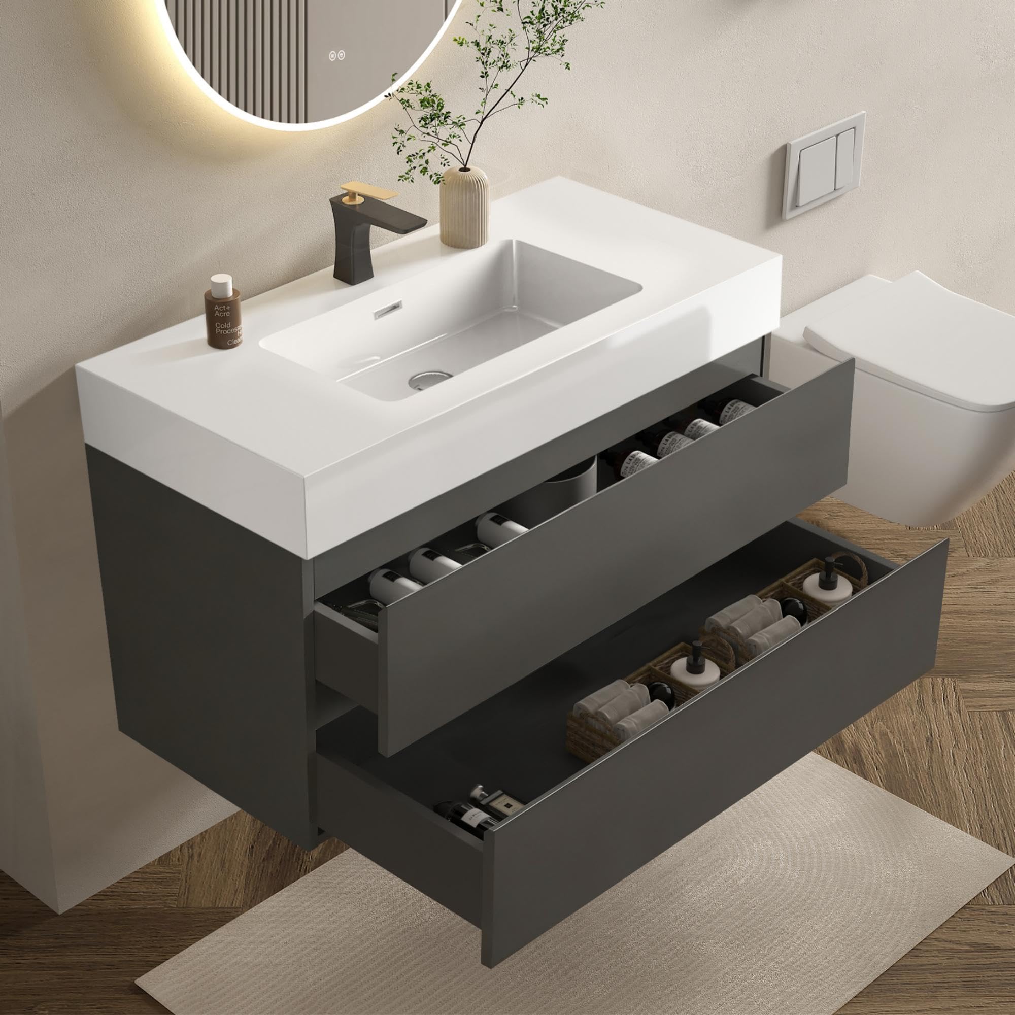 BLUHOUZZ Alice 36 Inch Bathroom Vanity with Sink with Overflow, Large Storage Wall Mounted Floating Bathroom Vanity for Modern Bathroom, One-Piece