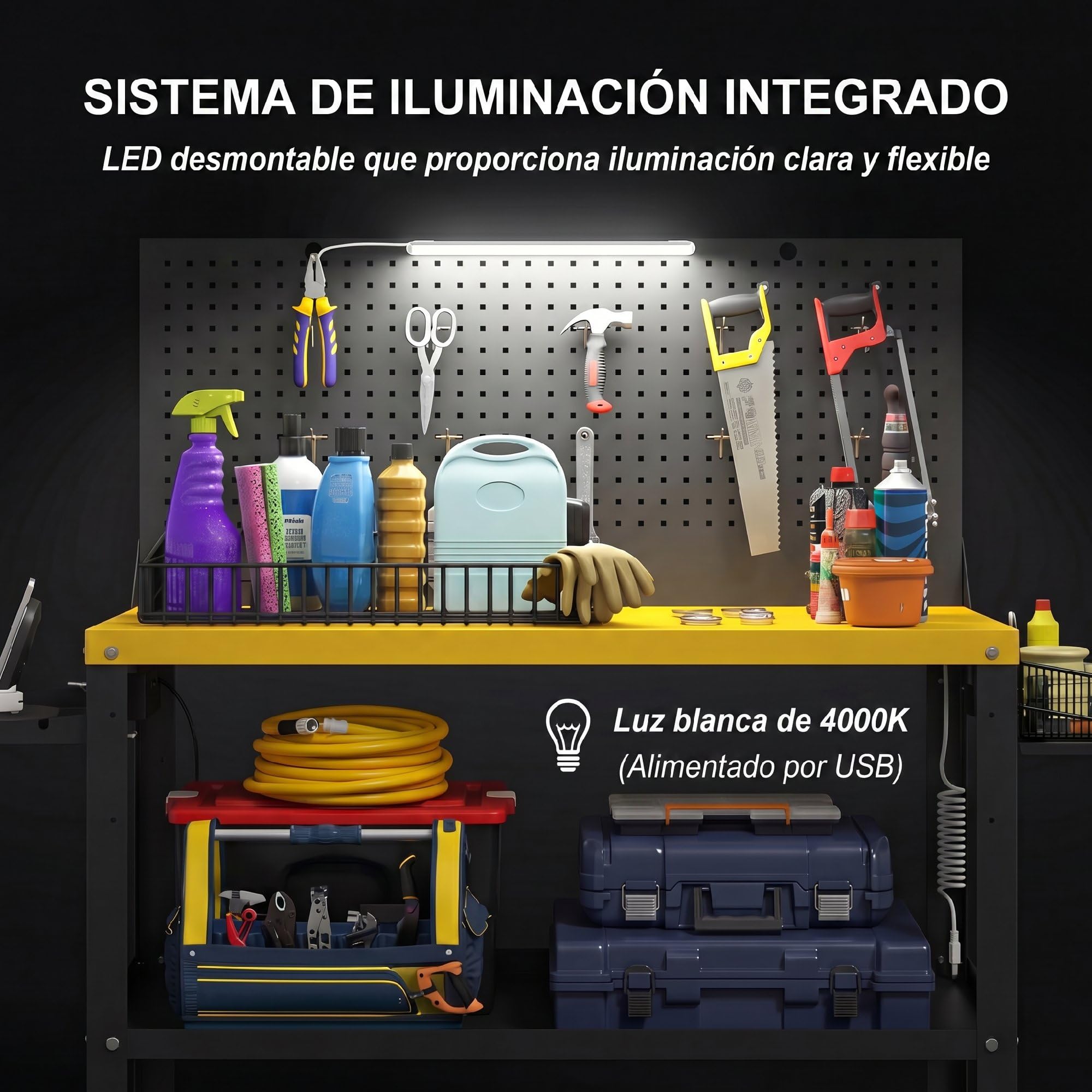 HOMCOM Banco de Trabajo con Panel Perforado y Ruedas, Mesa de Trabajo con Enchufes, USB, Luz LED y Estructura Metálica, Carga 300 kg, Banco para Garaje o Taller, 128x49,5x127,5 cm, Negro y Amarillo